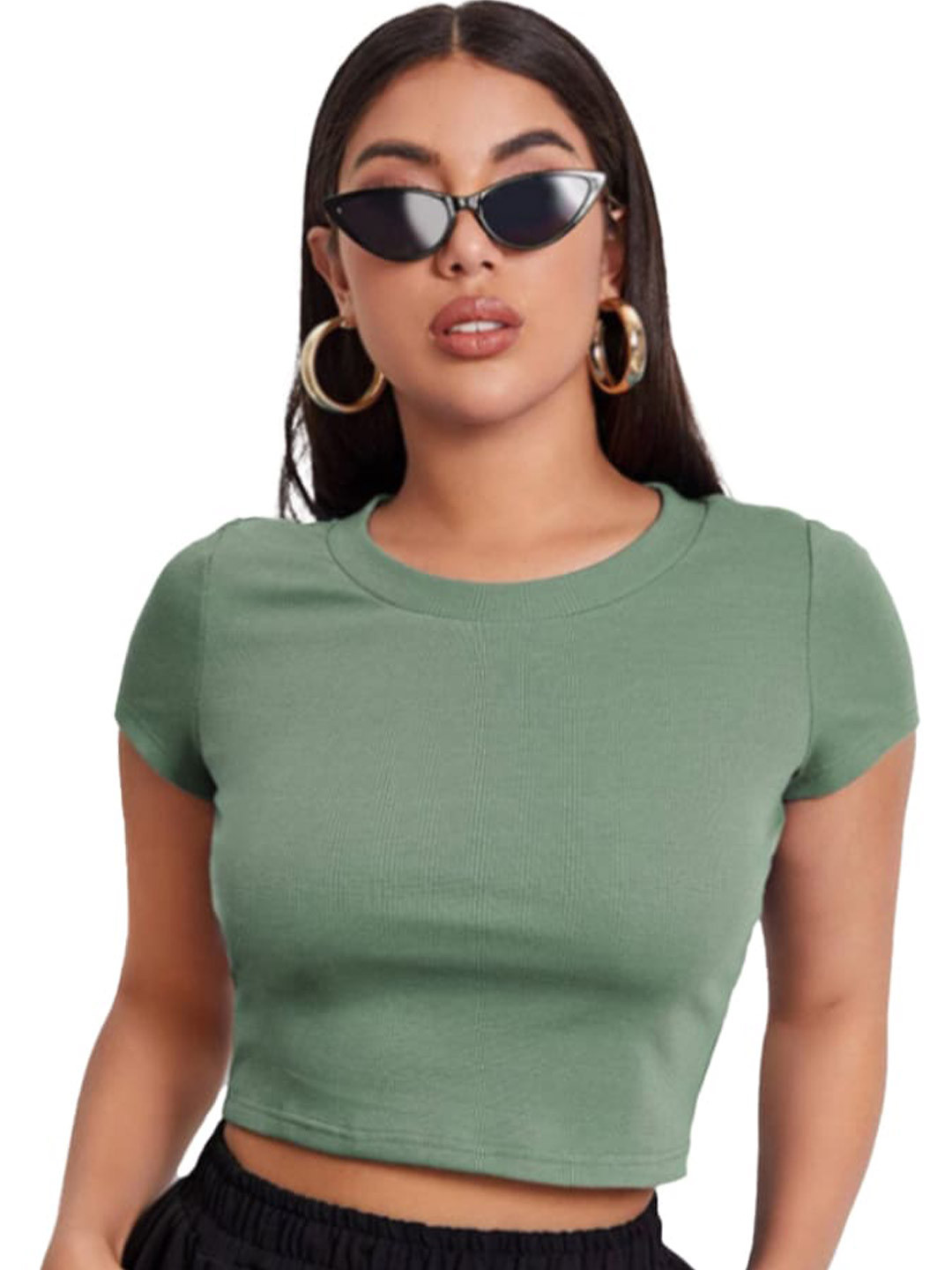 

BAESD Round Neck Short Sleeves Crop Top, Green
