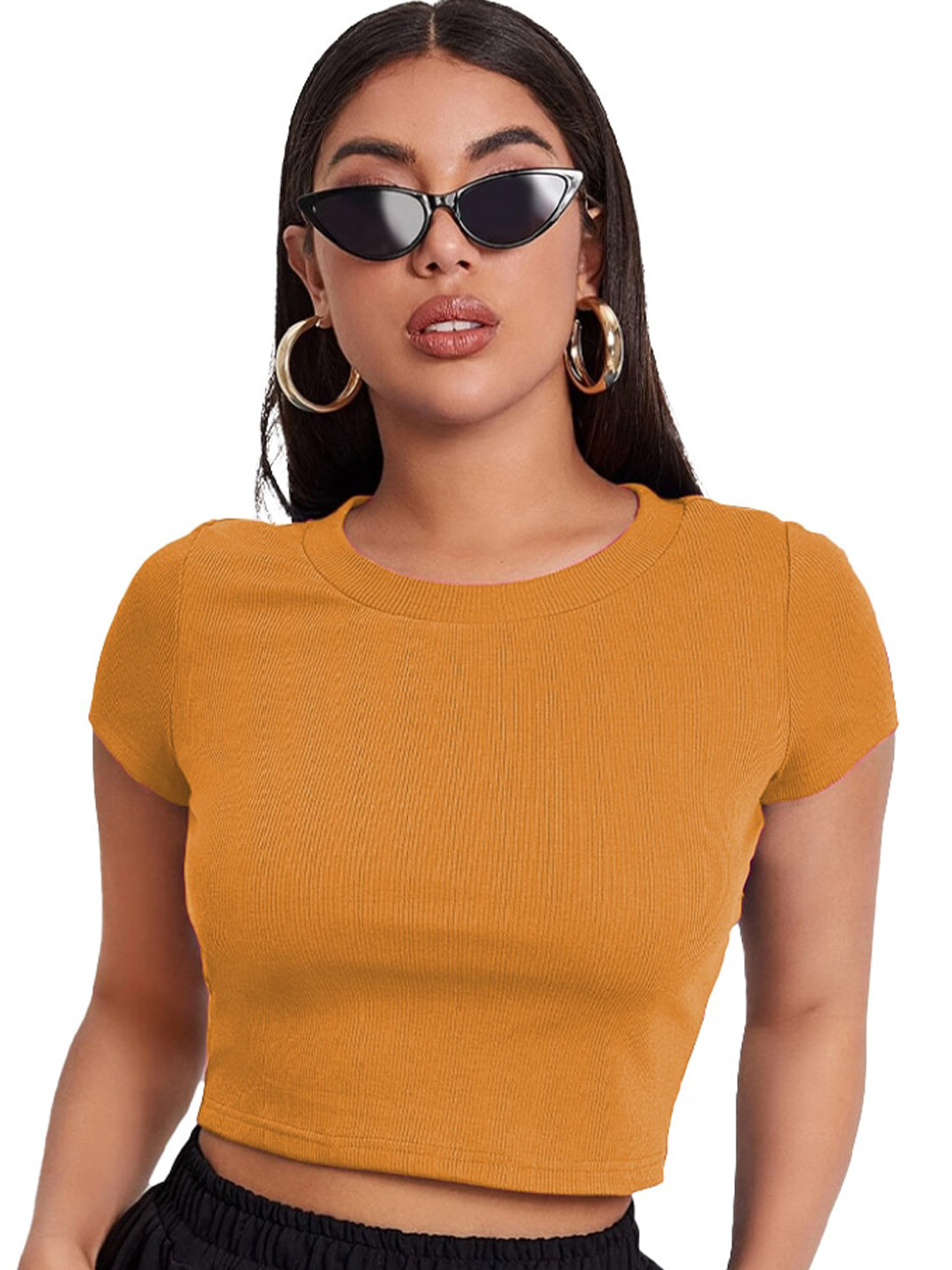 

BAESD Round Neck Short Sleeves Crop Top, Mustard