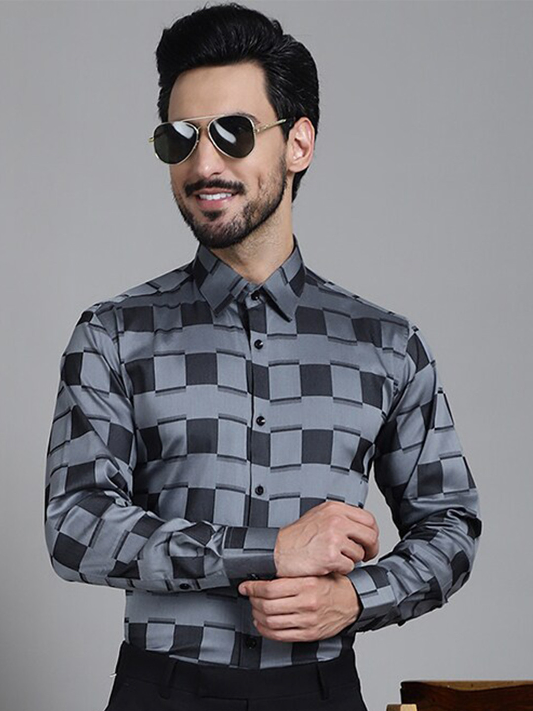 

Indian Needle Classic Geometric Printed Pure Cotton Formal Shirt, Grey