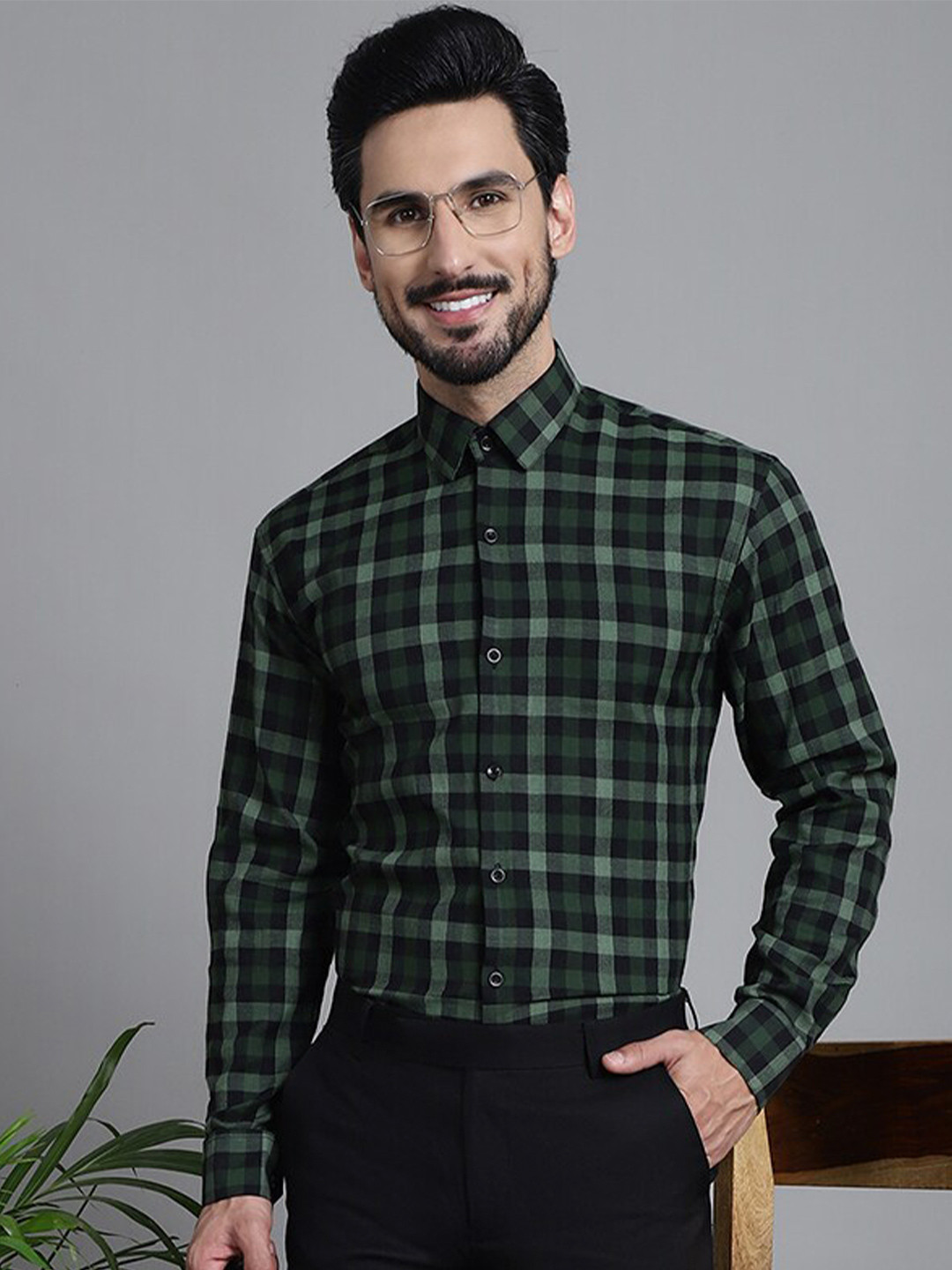 

Indian Needle Classic Tartan Checks Checked Pure Cotton Formal Shirt, Olive
