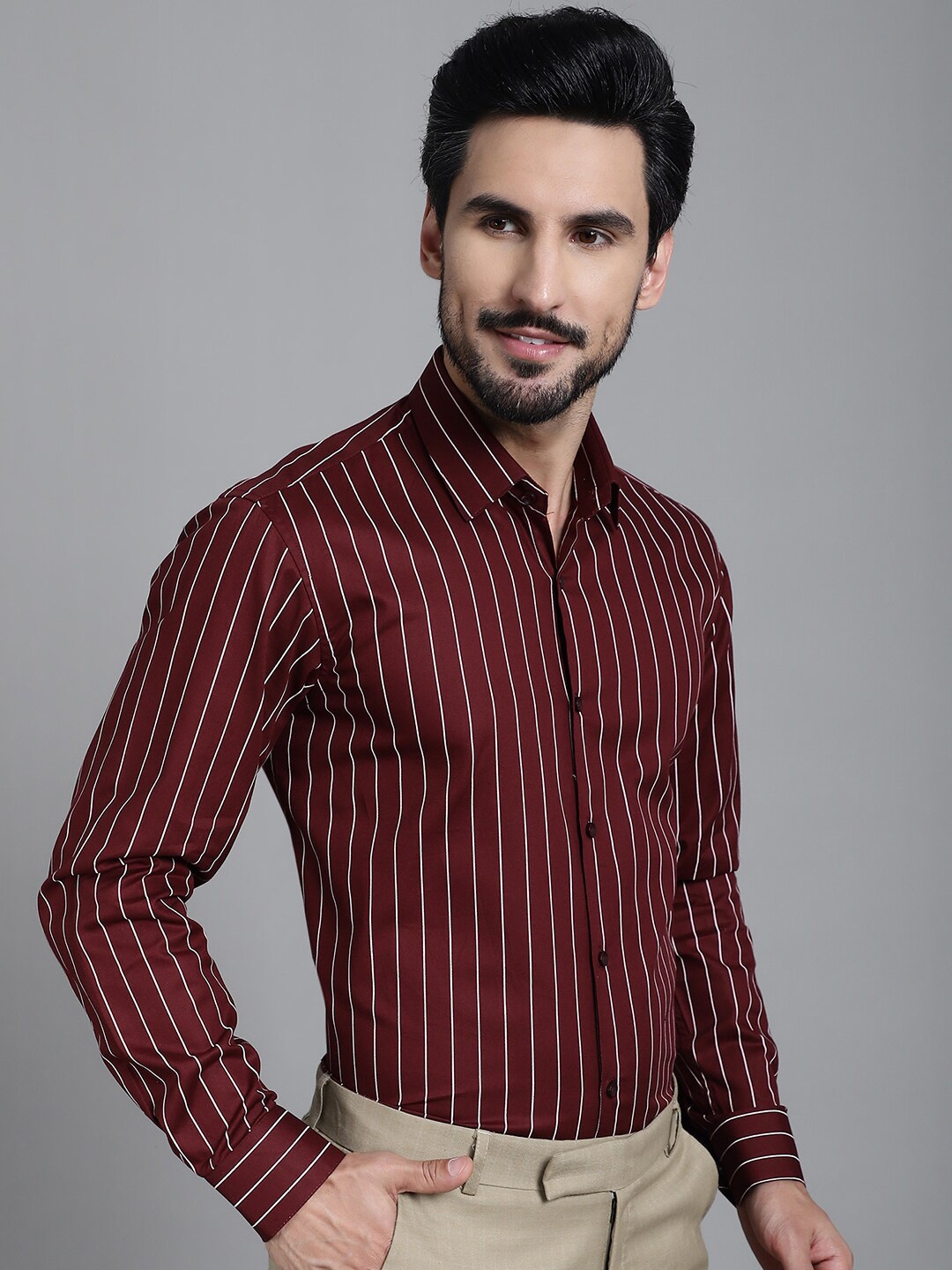 

Indian Needle Men Classic Vertical Striped Pure Cotton Formal Shirt, Maroon