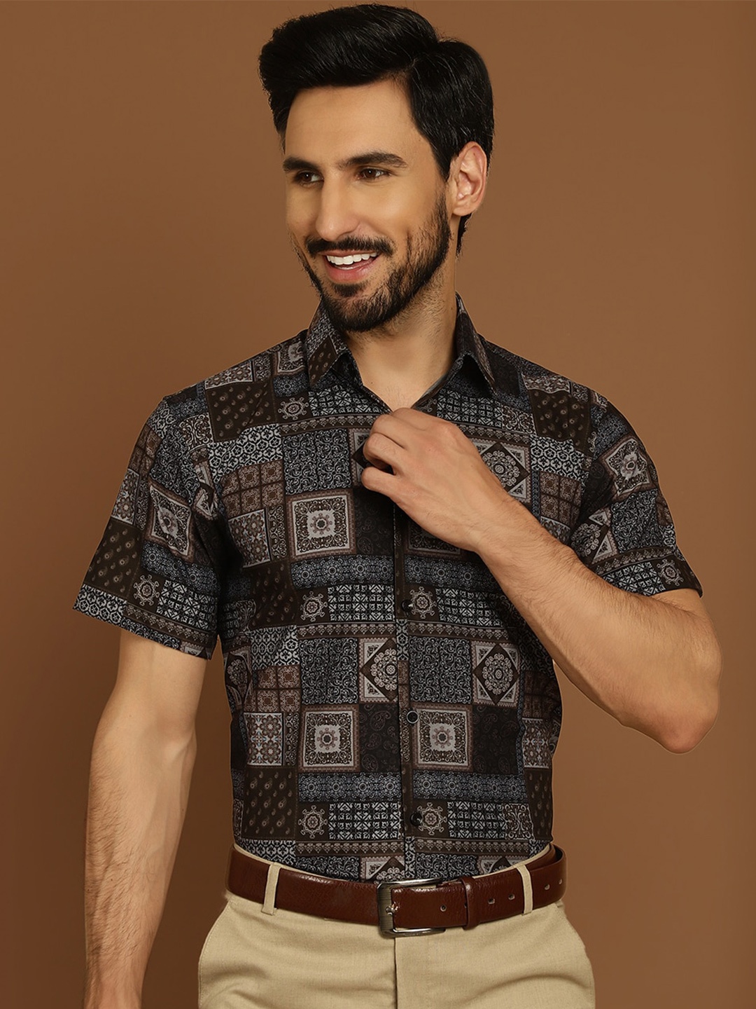 

Indian Needle Classic Opaque Printed Formal Shirt, Coffee brown