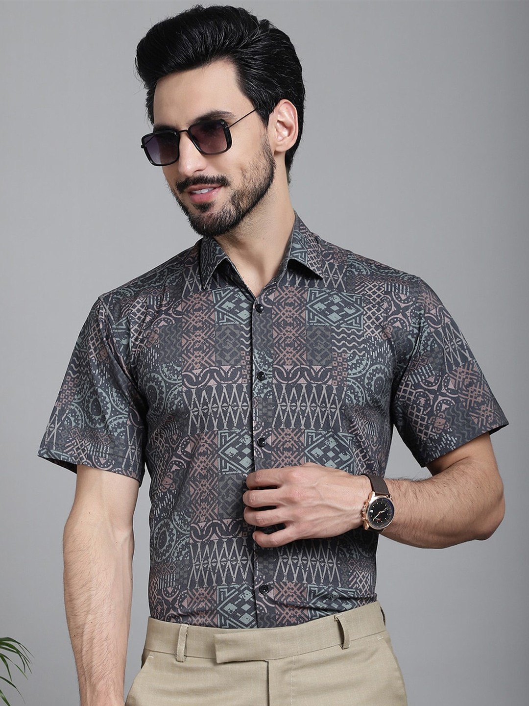 

Indian Needle Classic Geometric Printed Formal Shirt, Grey