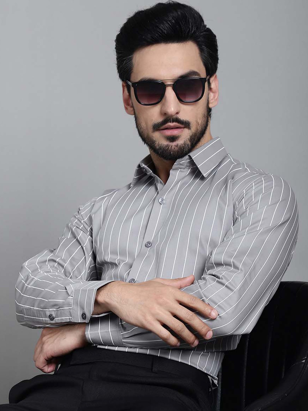 

Indian Needle Classic Striped Pure Cotton Formal Shirt, Grey