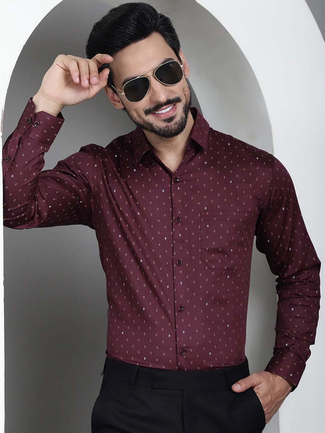 

Indian Needle Classic Micro Ditsy Printed Pure Cotton Formal Shirt, Maroon