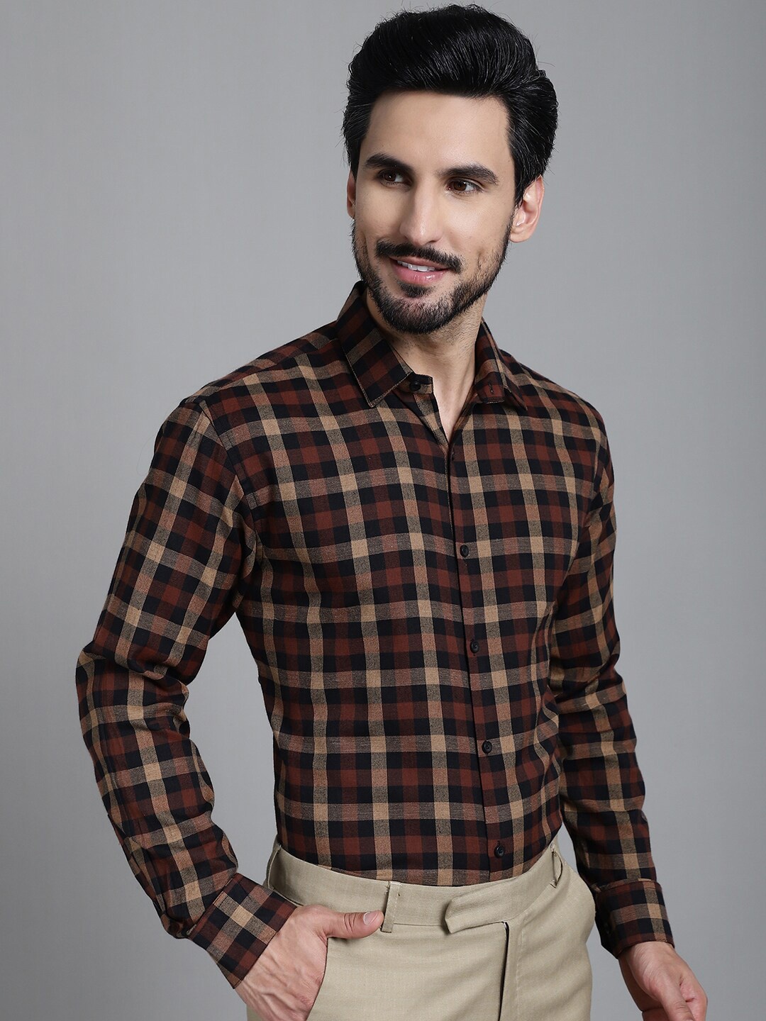 

Indian Needle Classic Tartan Checked Pure Cotton Formal Shirt, Brown