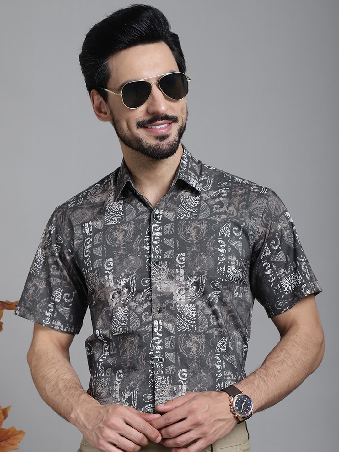

Indian Needle Classic Ethnic Motif Printed Formal Shirt, Charcoal