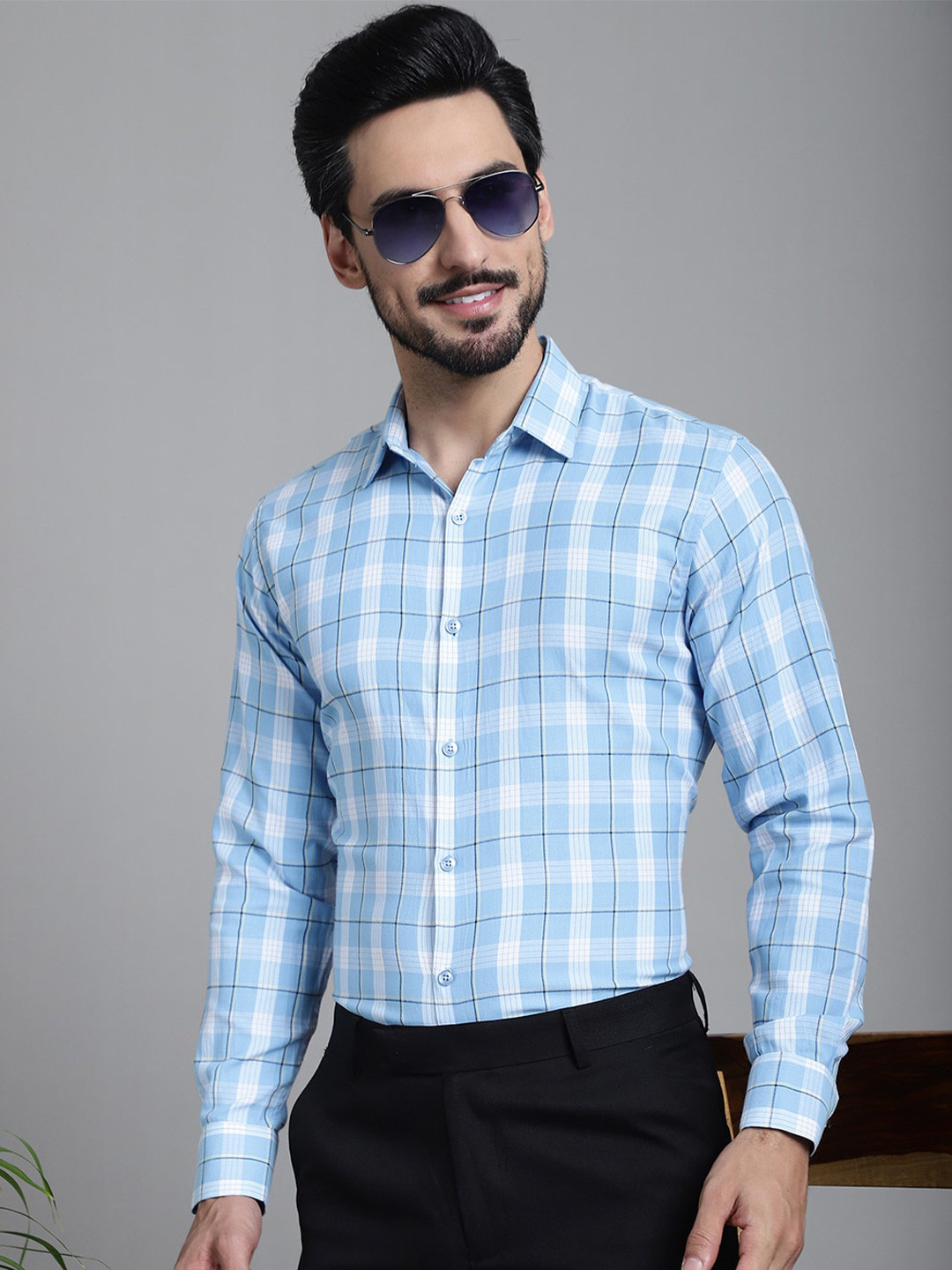 

Indian Needle Classic Tartan Checked Pure Cotton Formal Shirt, Blue