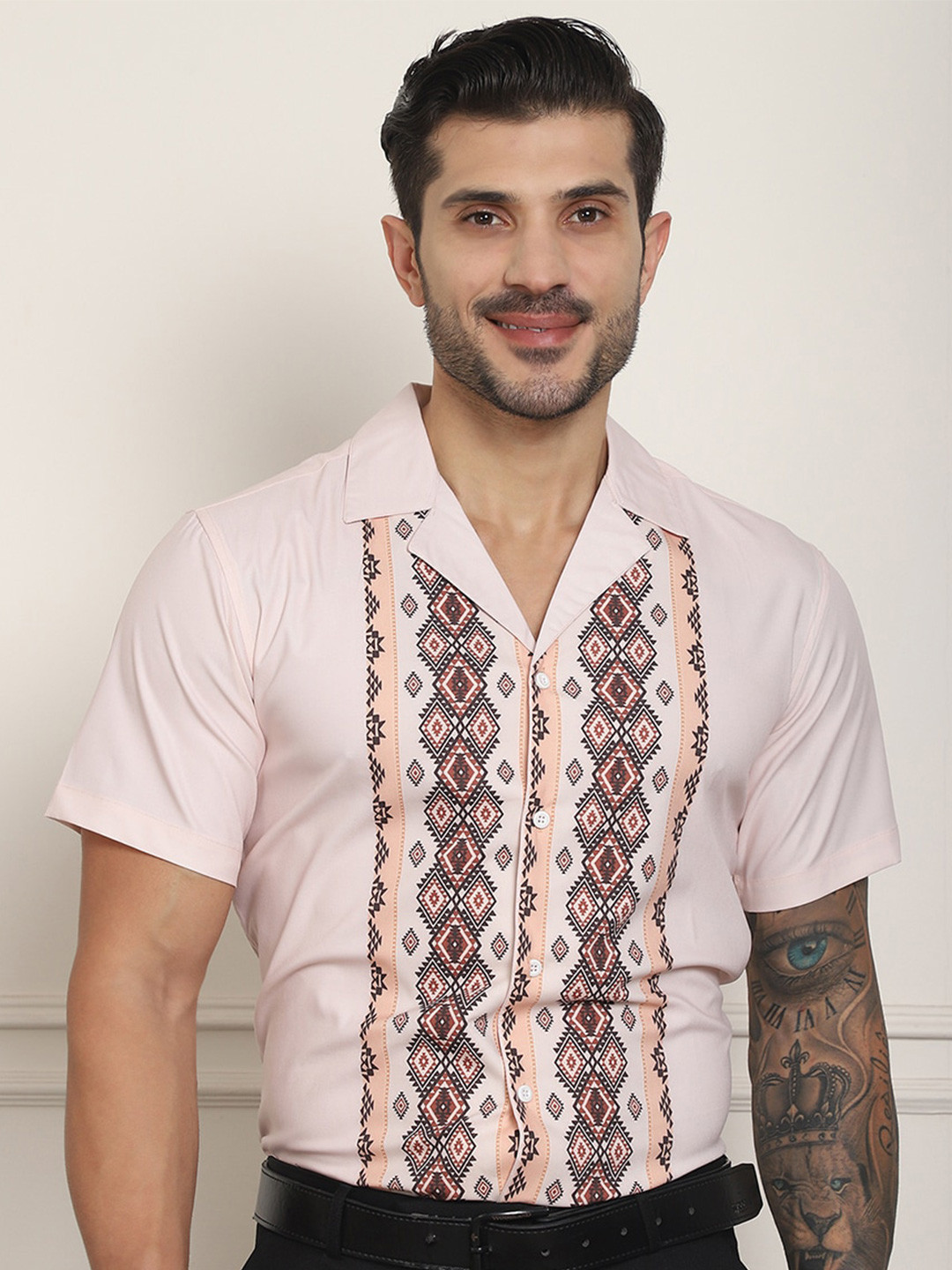 

Indian Needle Classic Ethnic Motifs Printed Cuban Collar Formal Shirt, Peach