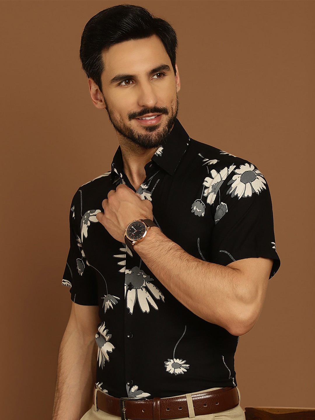 

Indian Needle Classic Floral Printed Formal Shirt, Navy blue