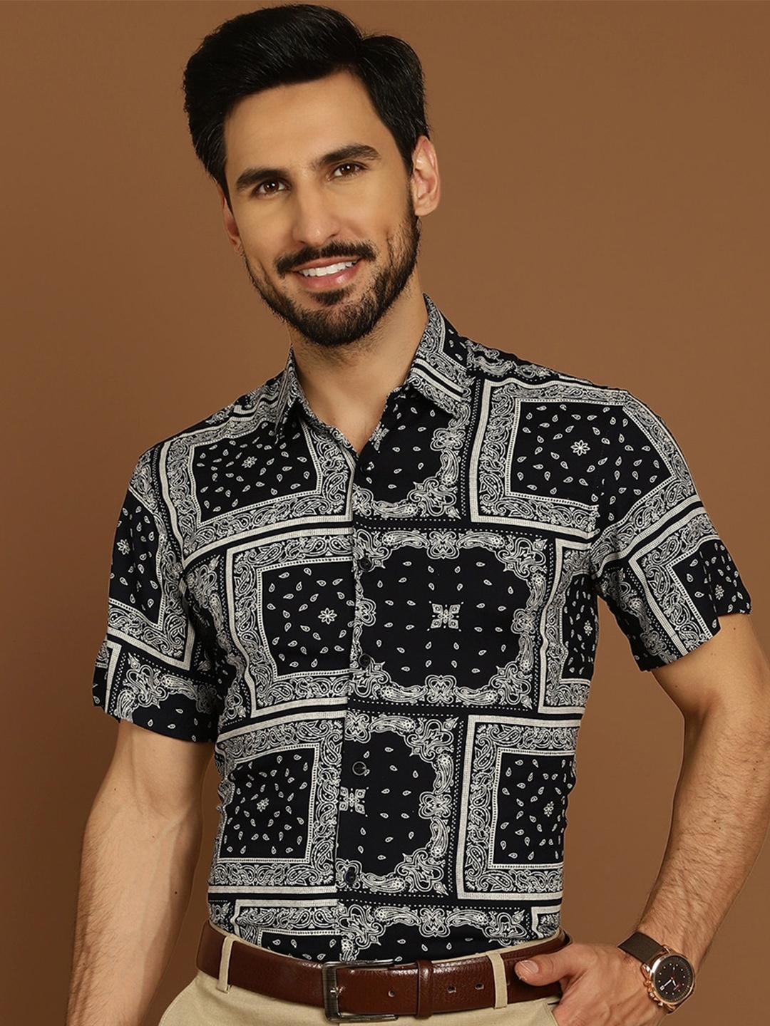 

Indian Needle Classic Opaque Printed Casual Shirt, Navy blue