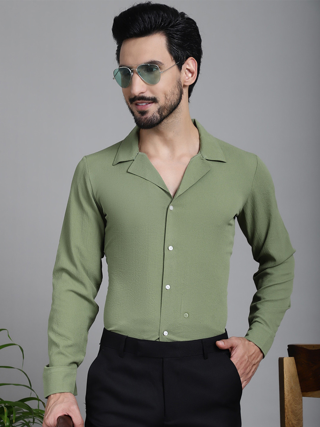 

Indian Needle Classic Lapel Collar Wrinkle Free Formal Shirt, Olive