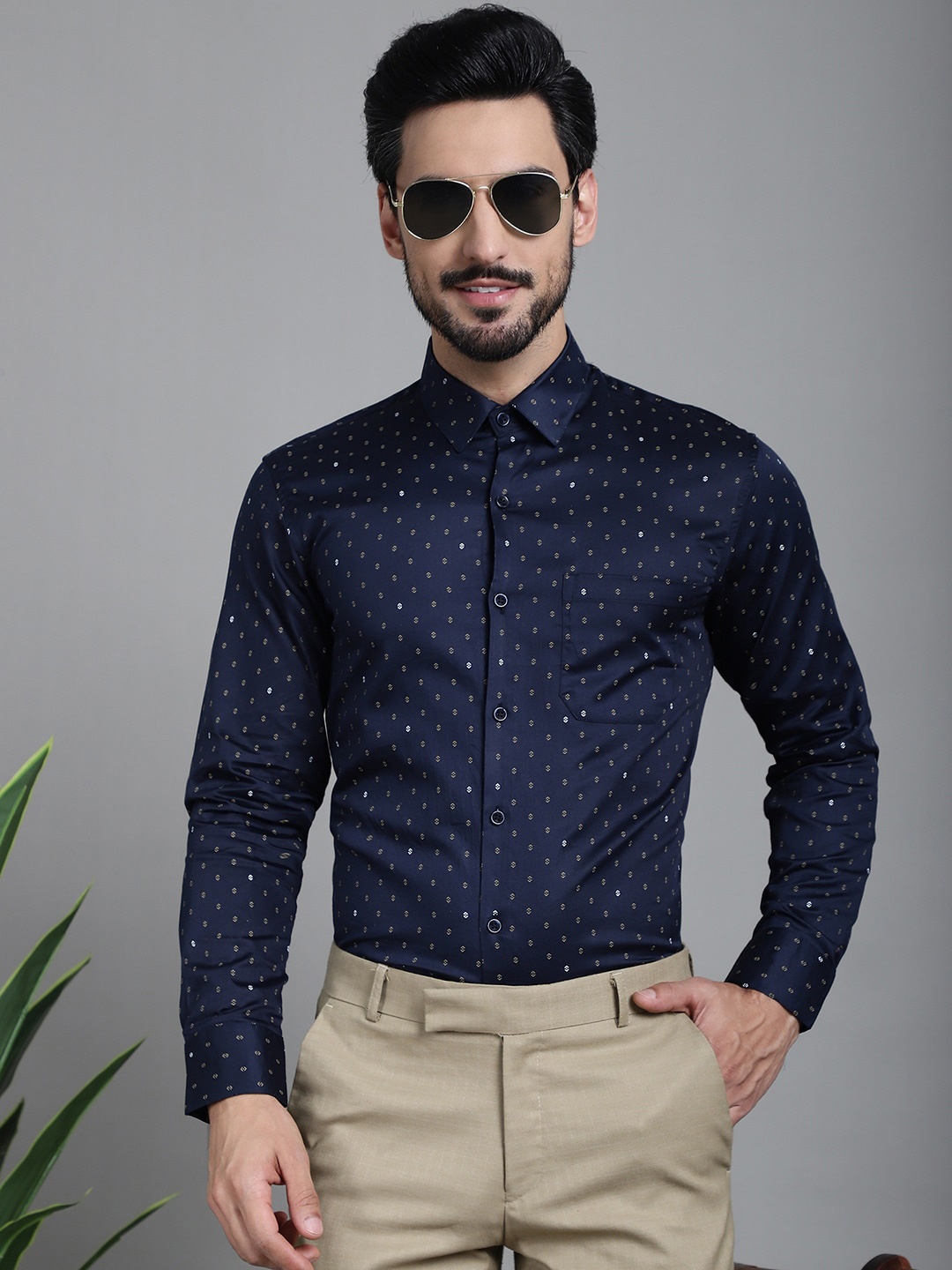 

Indian Needle Classic Micro Ditsy Printed Pure Cotton Formal Shirt, Navy blue