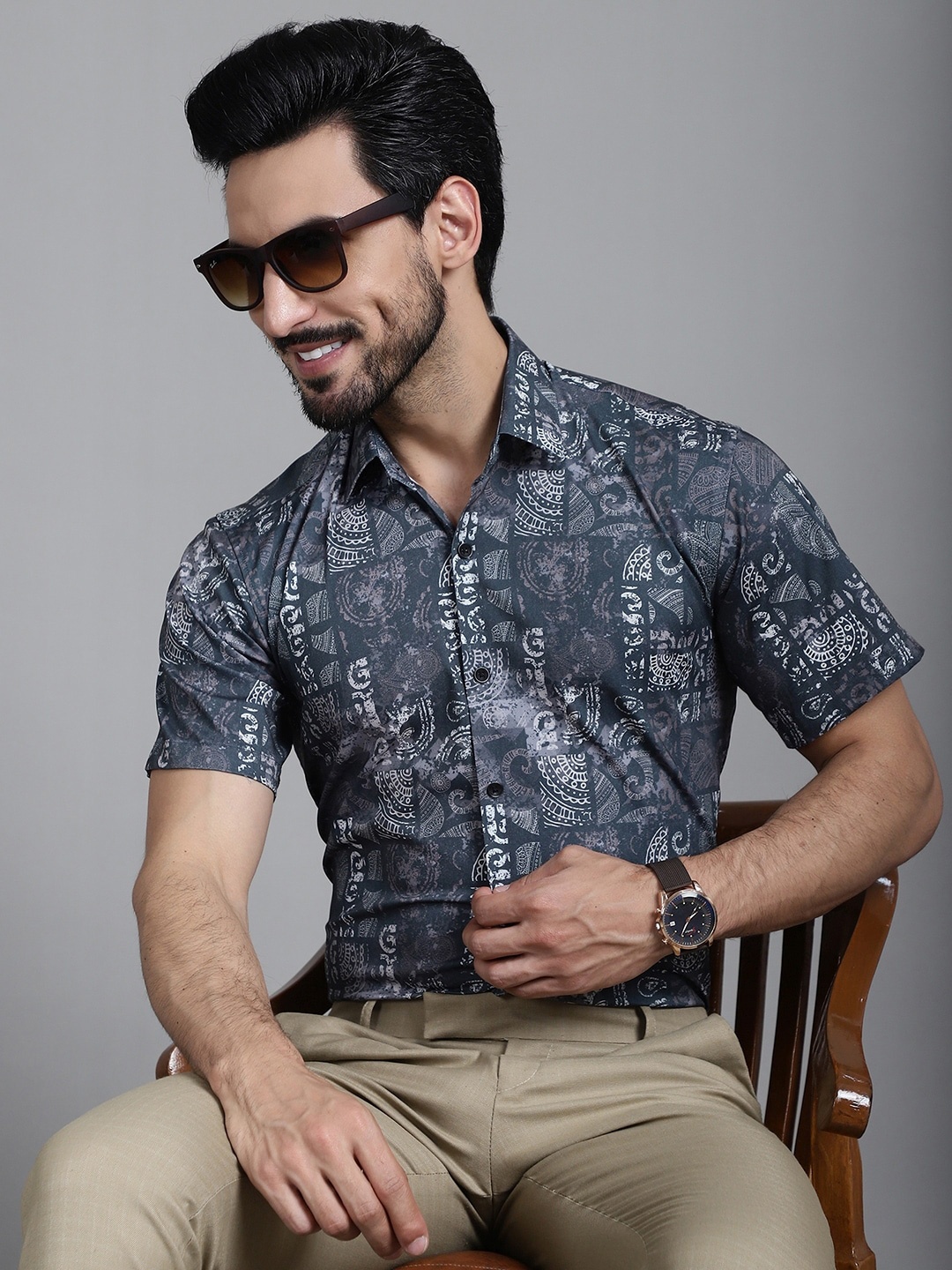 

Indian Needle Classic Ethnic Motifs Printed Formal Shirt, Charcoal