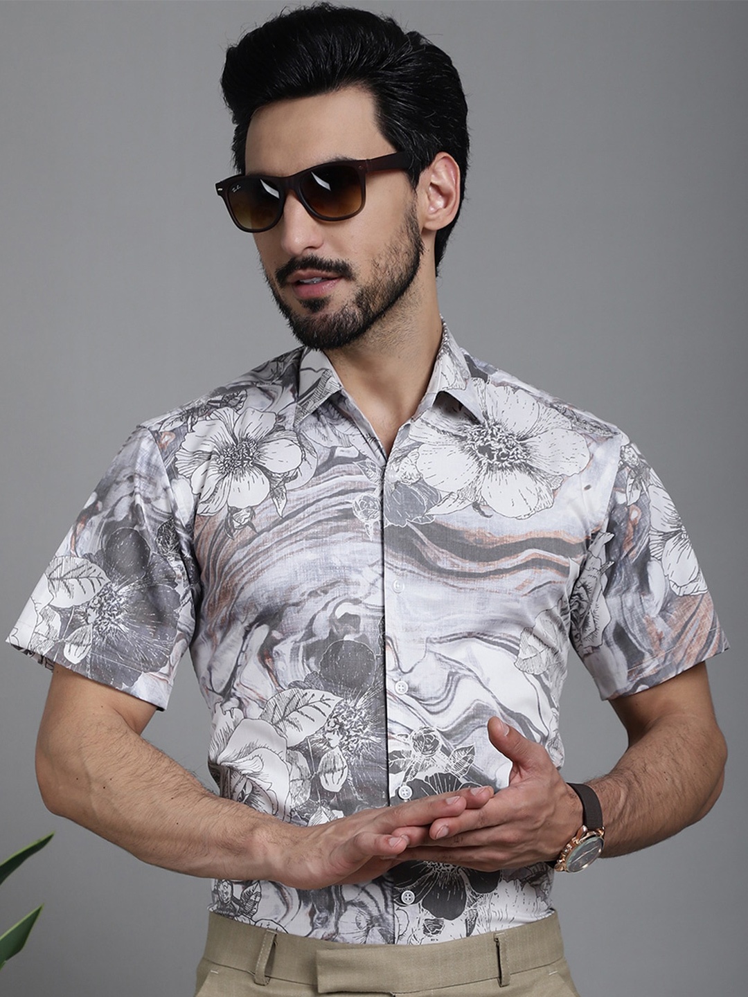 Indian Needle Classic Fit Floral Printed Formal Shirt, Off white