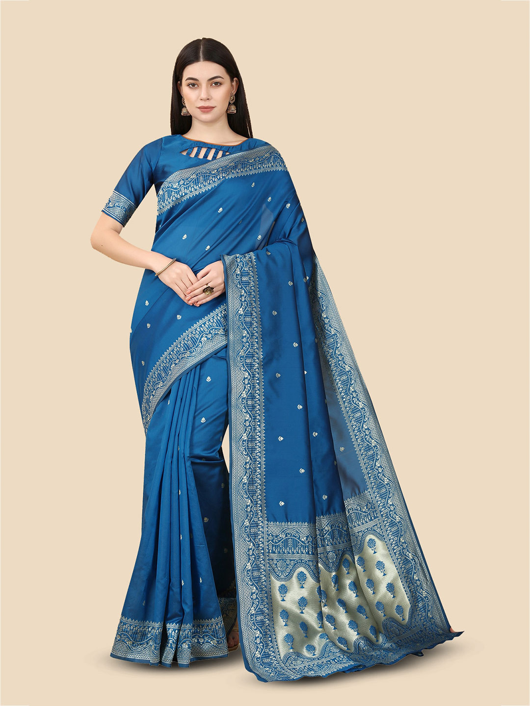 

KALINI Ethnic Motifs Woven Design Zari Kanjeevaram Saree, Teal