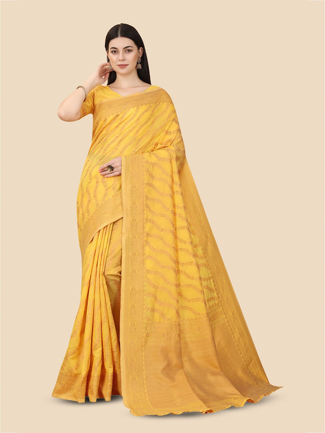 

KALINI Ethnic Motifs Woven Design Zari Kanjeevaram Saree, Yellow