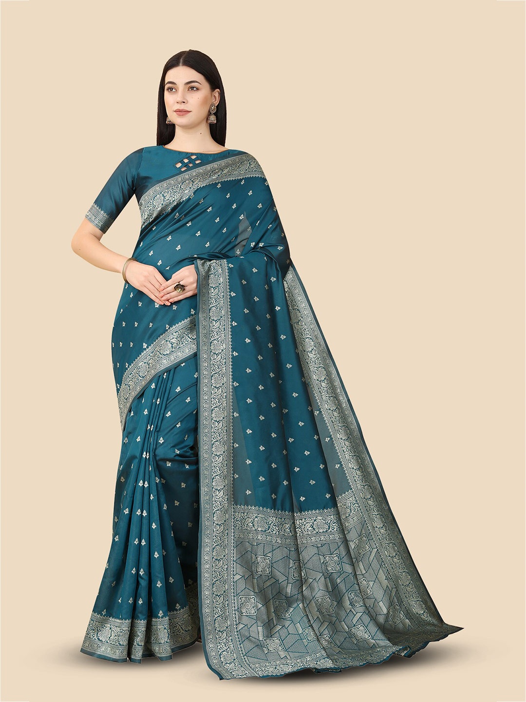 

KALINI Ethnic Motifs Woven Design Zari Banarasi Saree, Teal