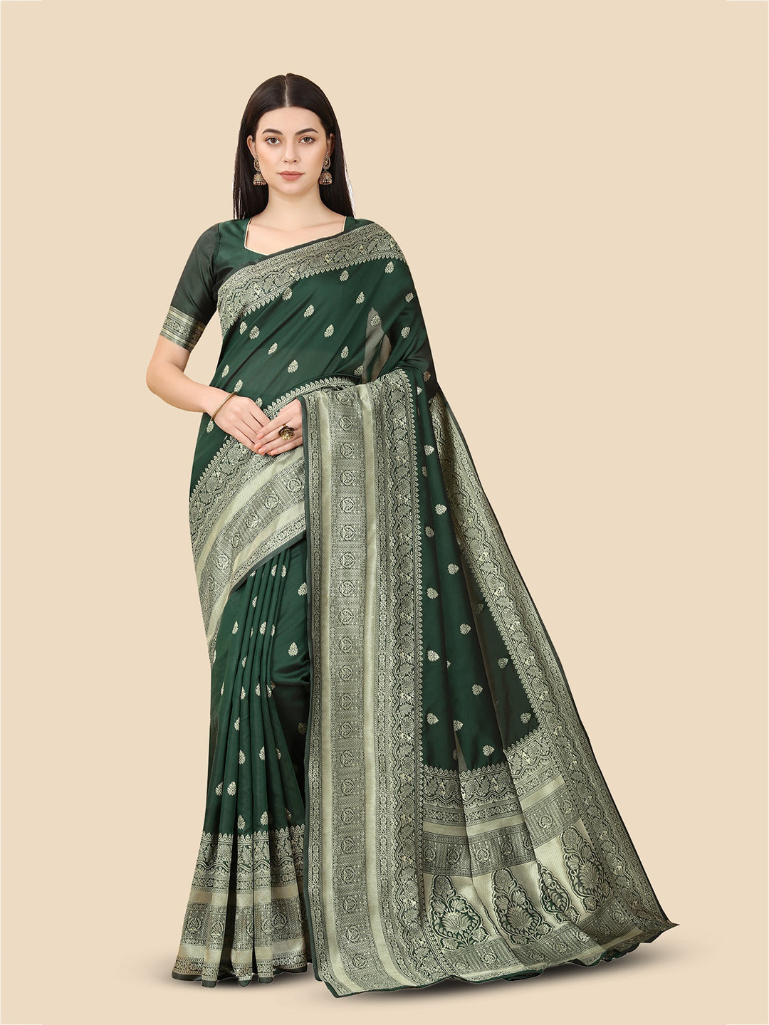 

KALINI Ethnic Motifs Woven Design Zari Banarasi Saree, Green