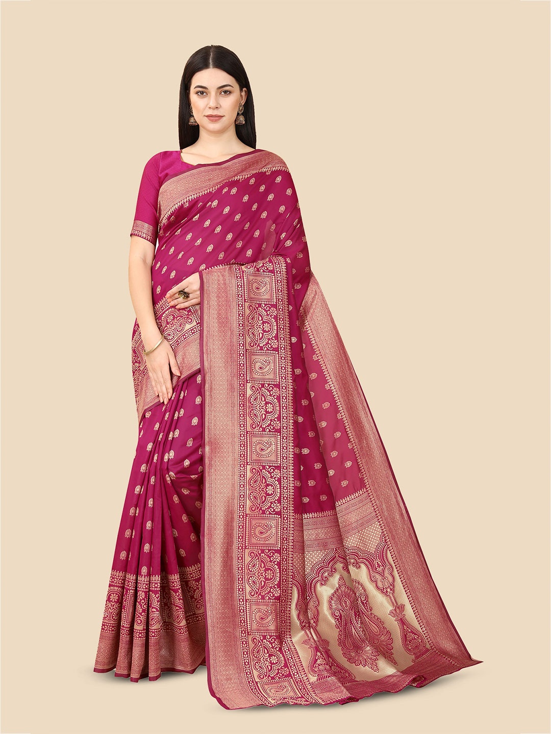 

KALINI Ethnic Motifs Woven Design Zari Kanjeevaram Saree, Pink