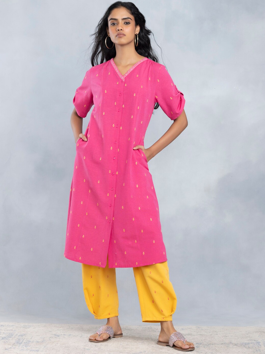 SHAYE Women Ethnic Motifs Embroidered A-Line Kurta With Trouser, Pink