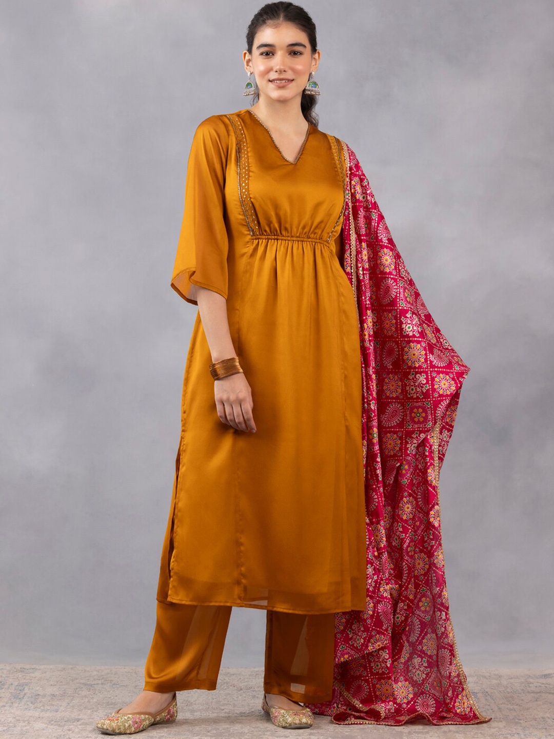 

SHAYE Panelled Sequinned Kurta with Palazzos, Mustard