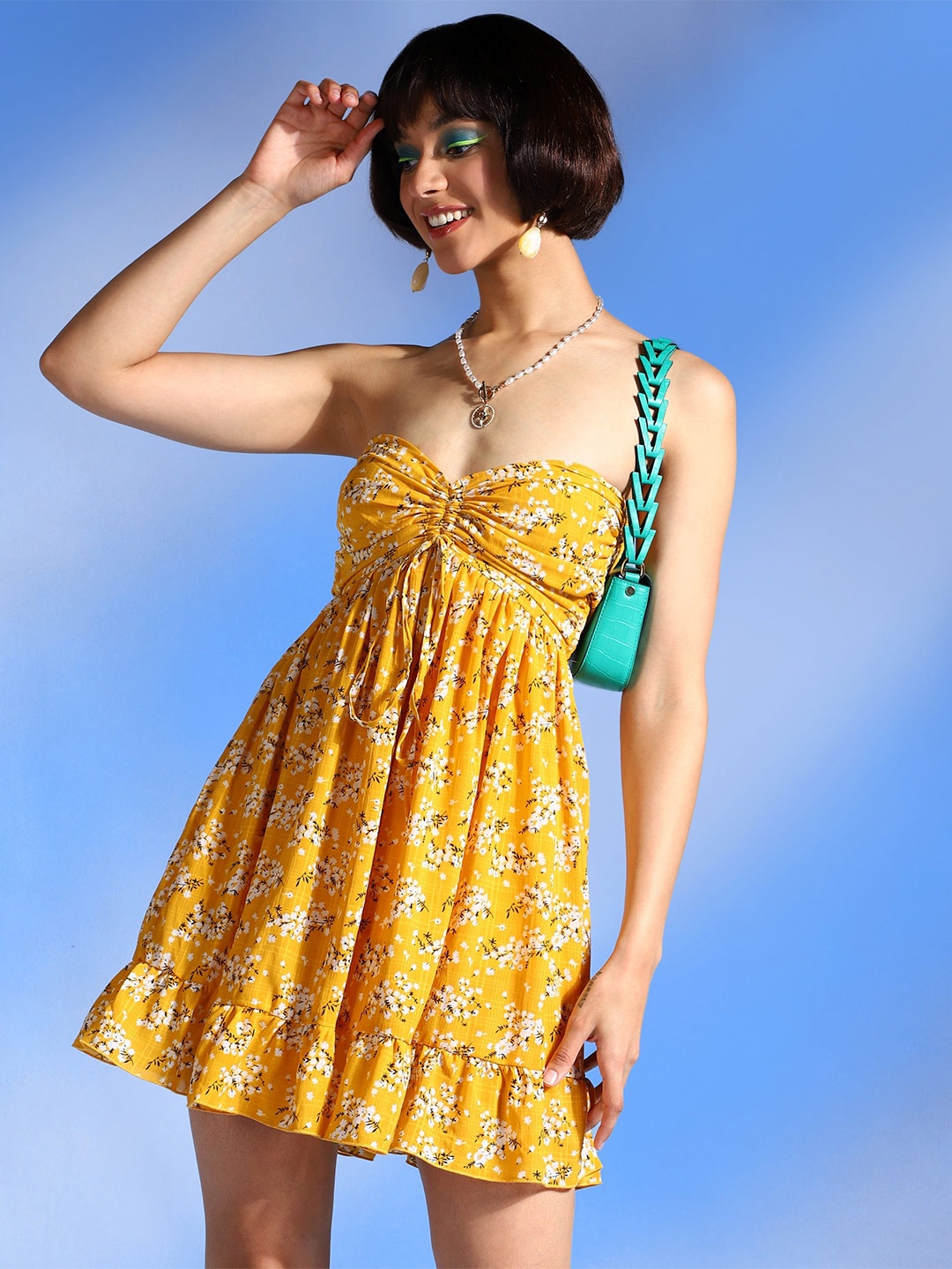 

PRETTY LOVING THING Floral Printed Strapless Fit & Flare Mini Dress, Mustard