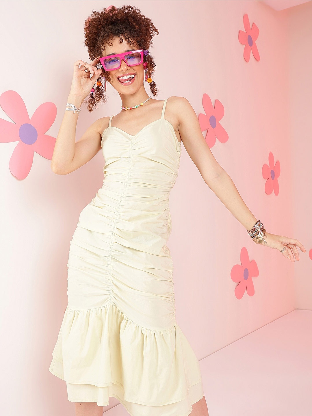 

PRETTY LOVING THING Shoulder Straps Ruched Sheath Midi Cotton Dress, Yellow