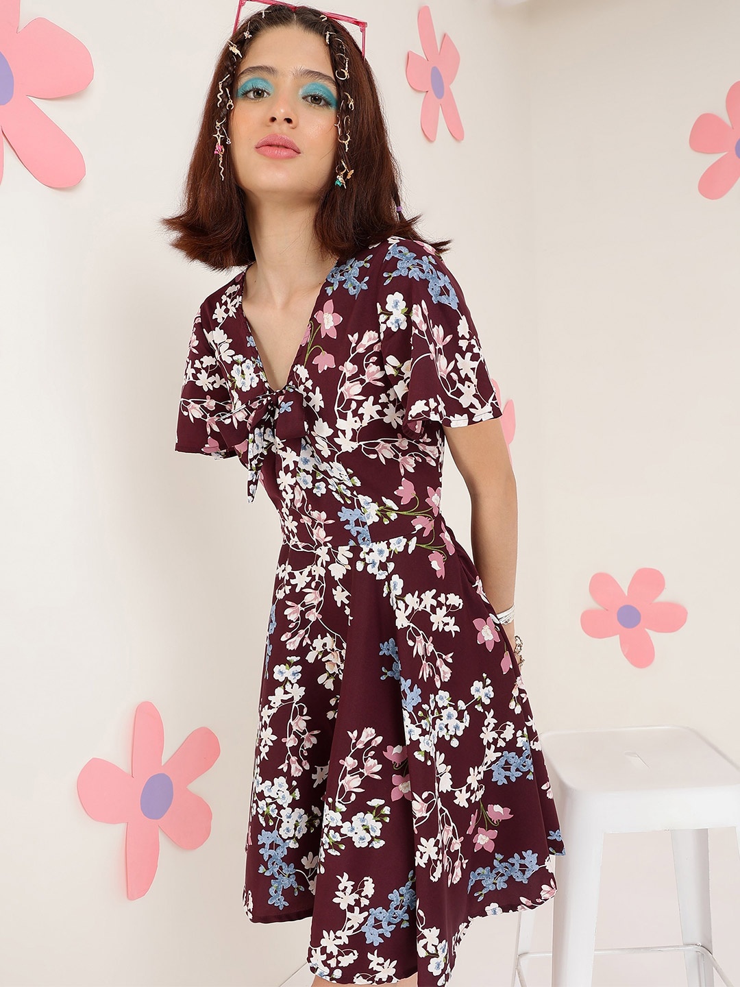 

PRETTY LOVING THING Floral Printed Tie Up Neck Flared Sleeve Fit & Flare Dress, Purple