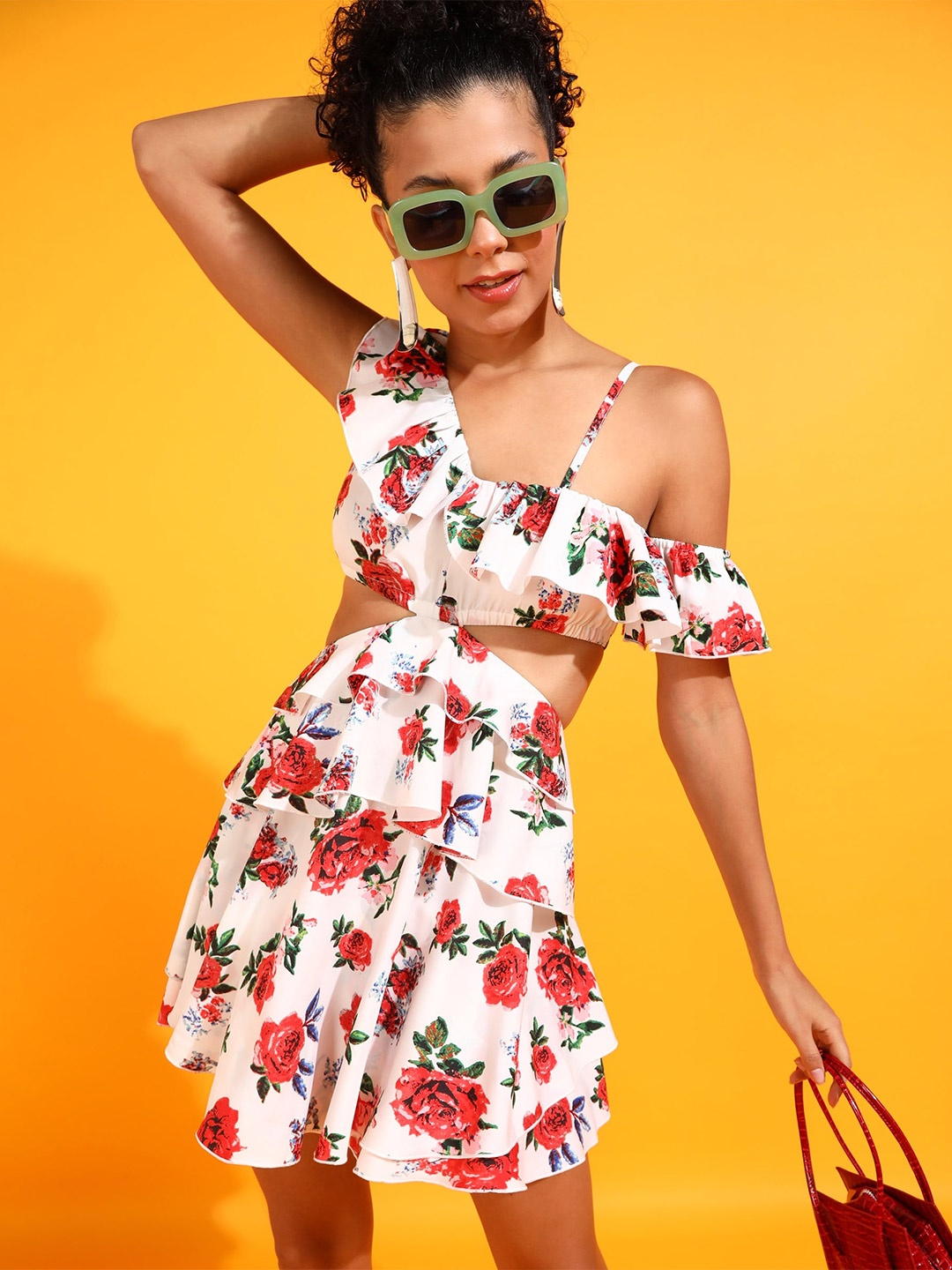 

PRETTY LOVING THING Floral Printed One Shoulder Cut Out A-Line Dress, White
