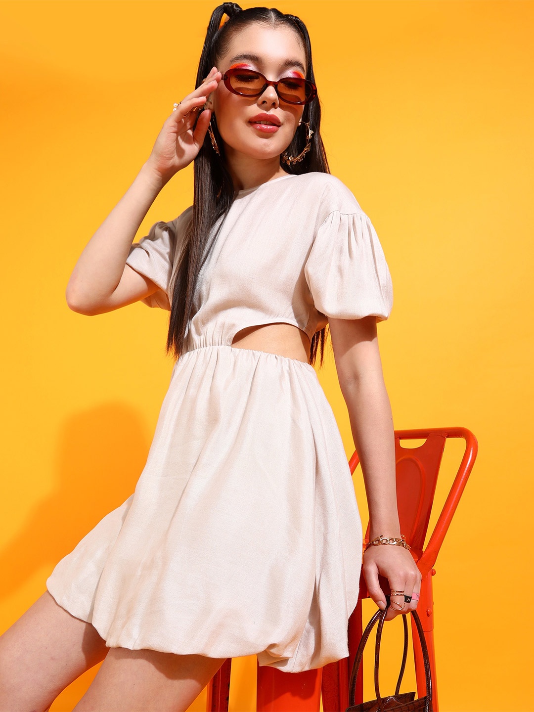 

PRETTY LOVING THING Puff Sleeve Cut Out Fit & Flare Dress, Beige