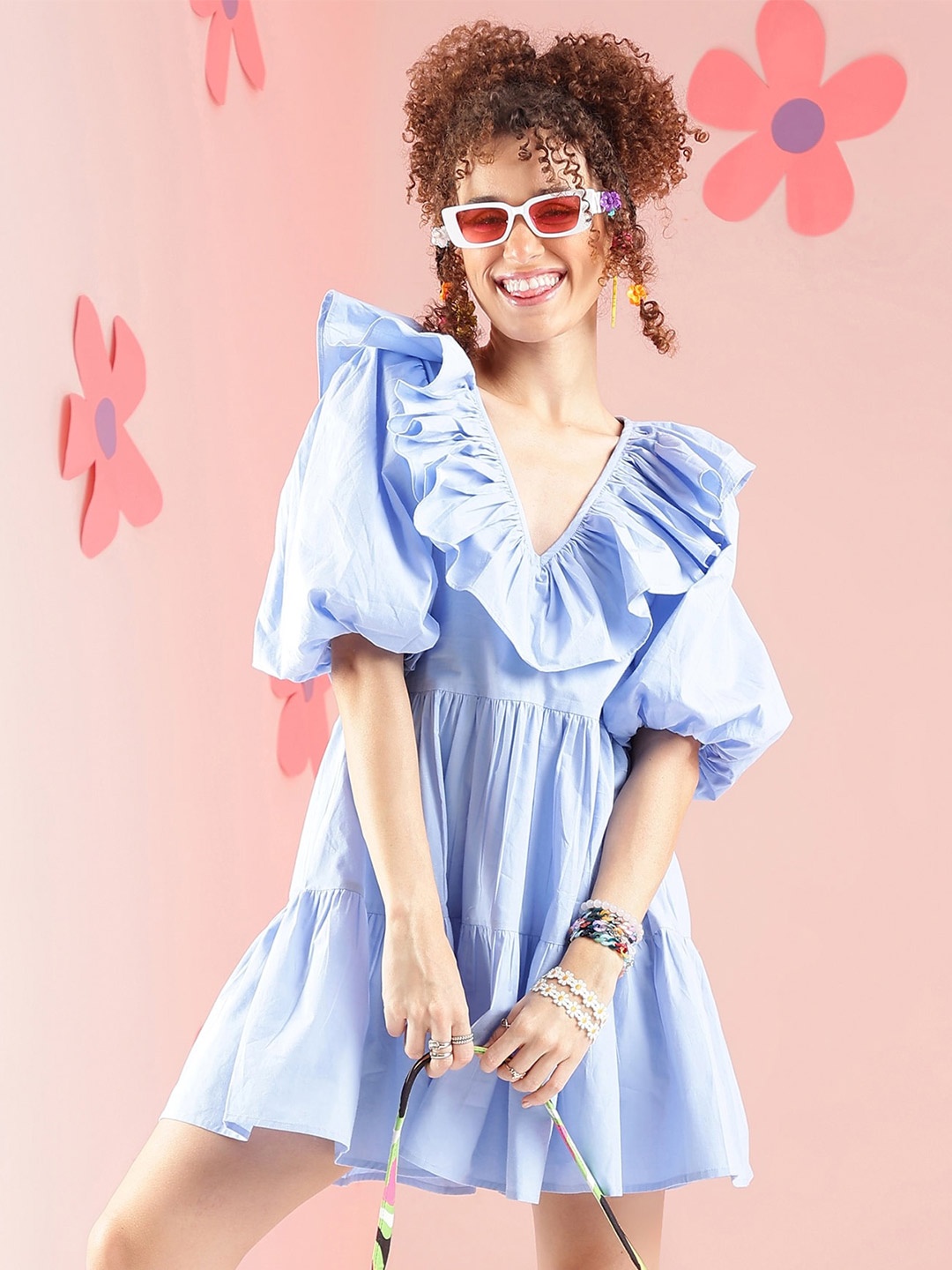

PRETTY LOVING THING V-Neck Puff Sleeve Cotton Fit & Flare Dress, Blue