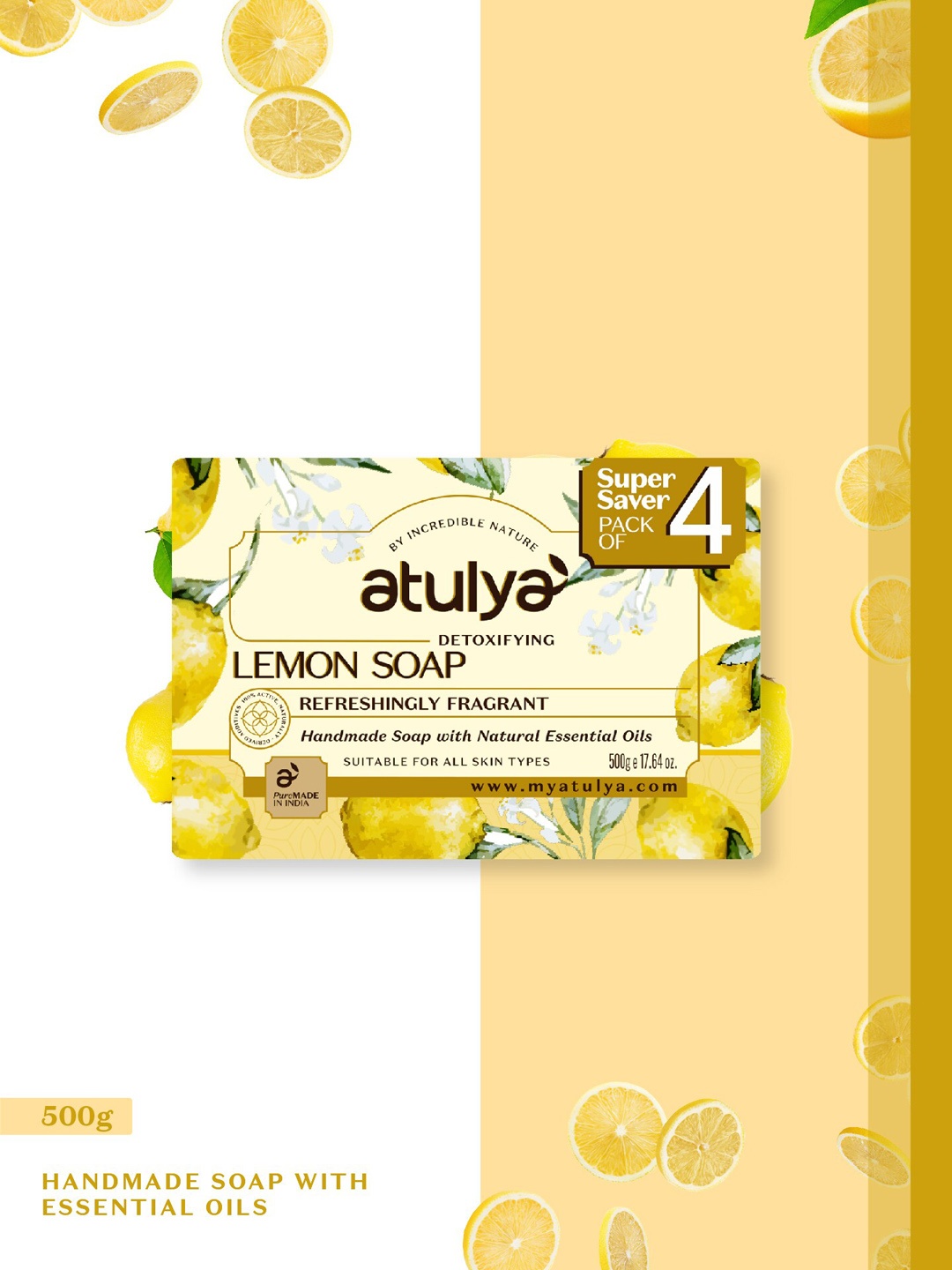 

Atulya Set of 4 Detoxifying Lemon Handmade Soap with Essential Oils - 125 g each, Yellow