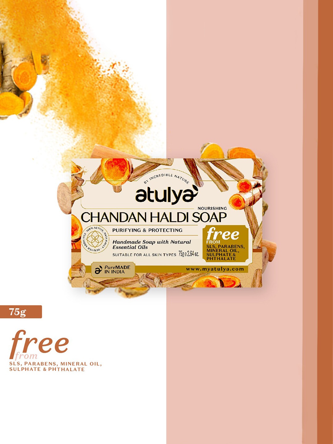 

Atulya Nourishing Chandan Haldi Handmade Soap with Essential Oils - 75 g, Yellow