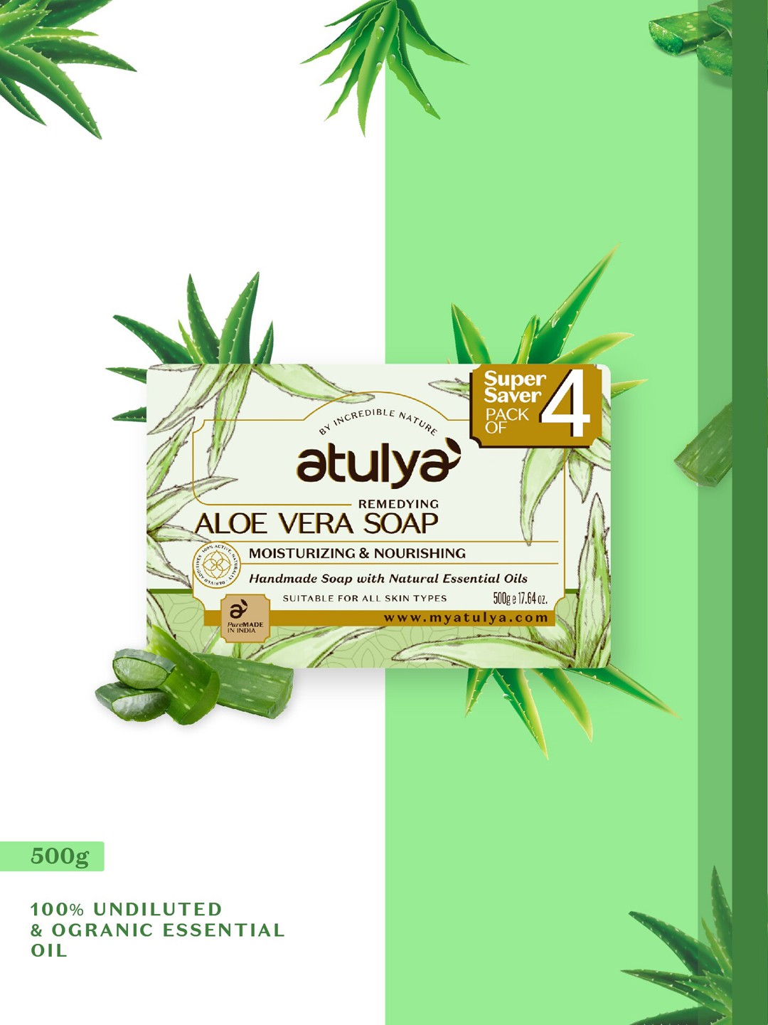 

Atulya Set of 4 Remedying Aloe Vera Handmade Soap with Essential Oils - 125 g each, Green