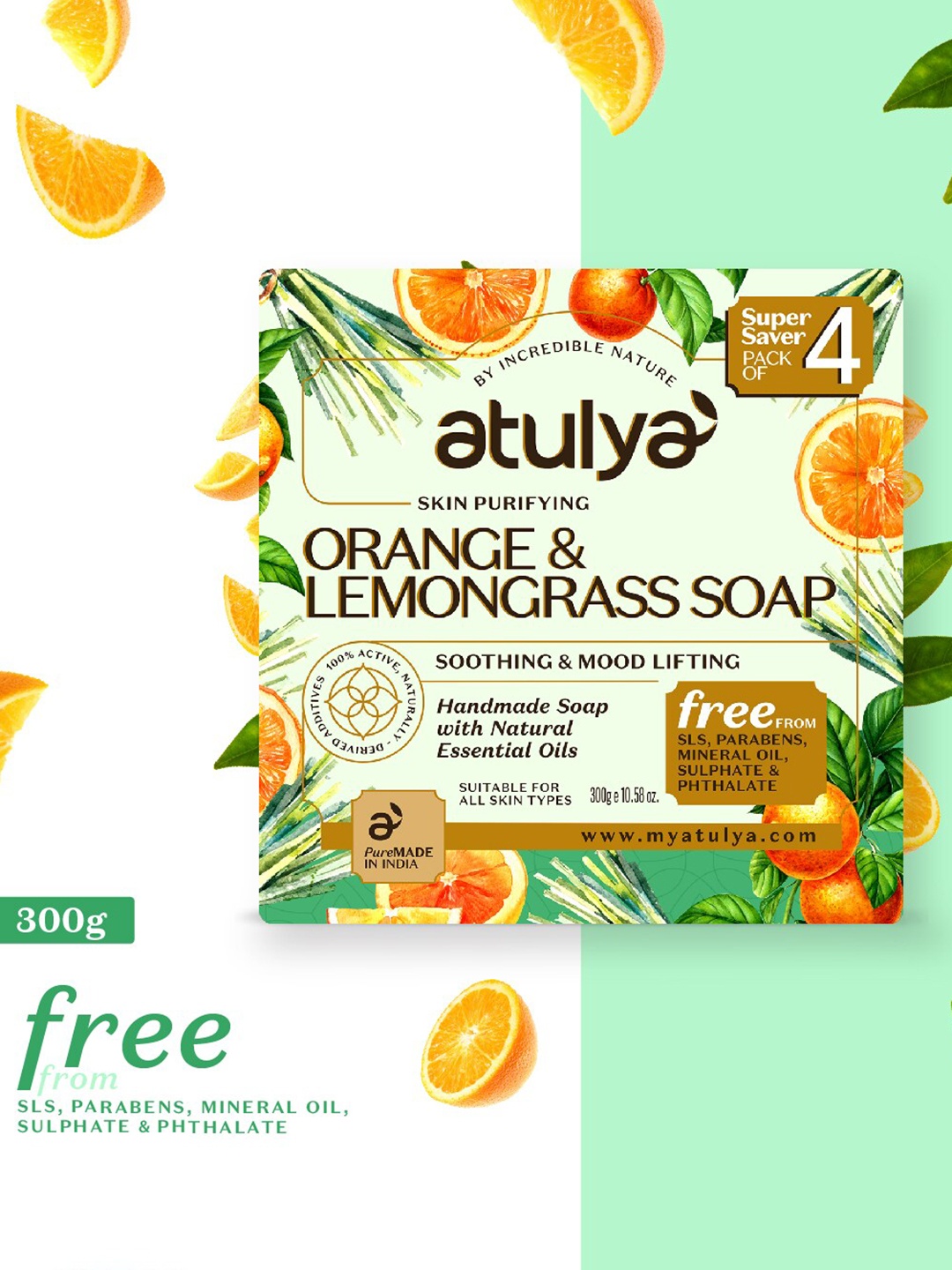 

Atulya Set of 4 Skin Purifying Orange & Lemongrass Handmade Soap - 75 g each