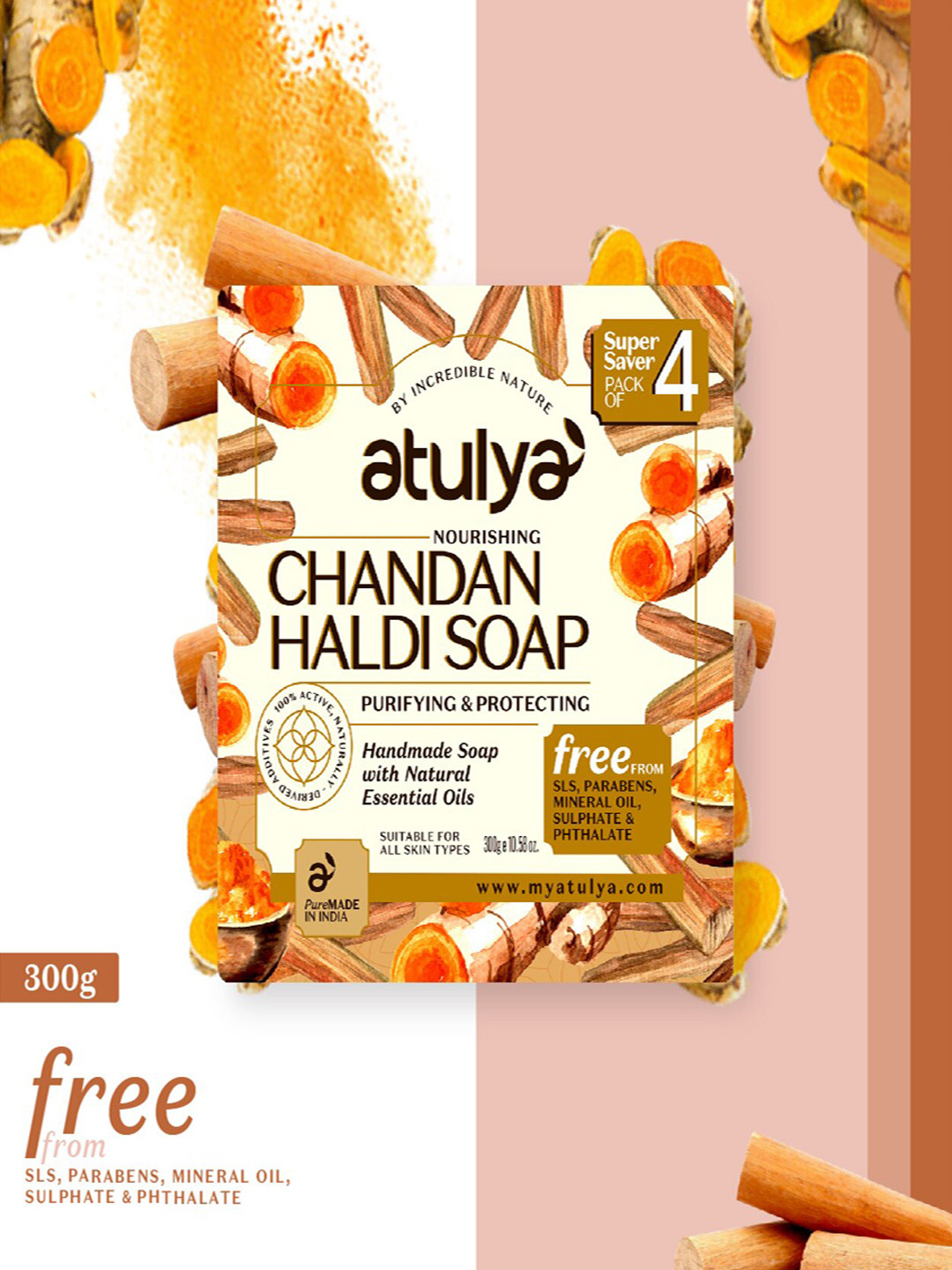 

Atulya 4-Pcs Chandan Haldi Soap - 75g Each, Yellow