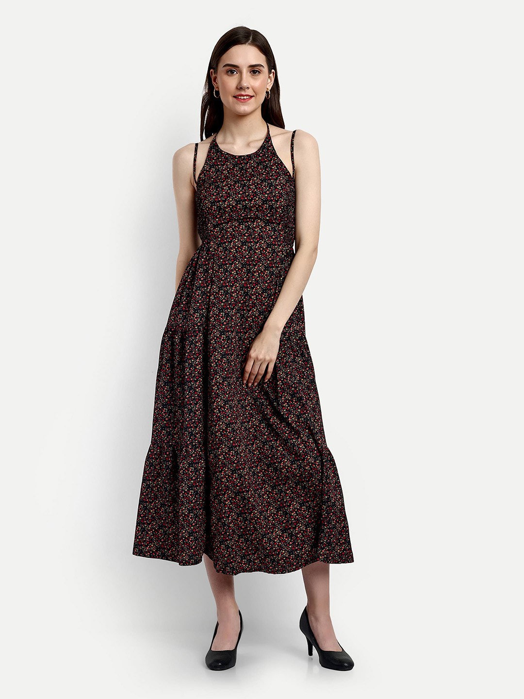 

FERY LONDON Floral Printed Fit & Flare Midi Dress, Black