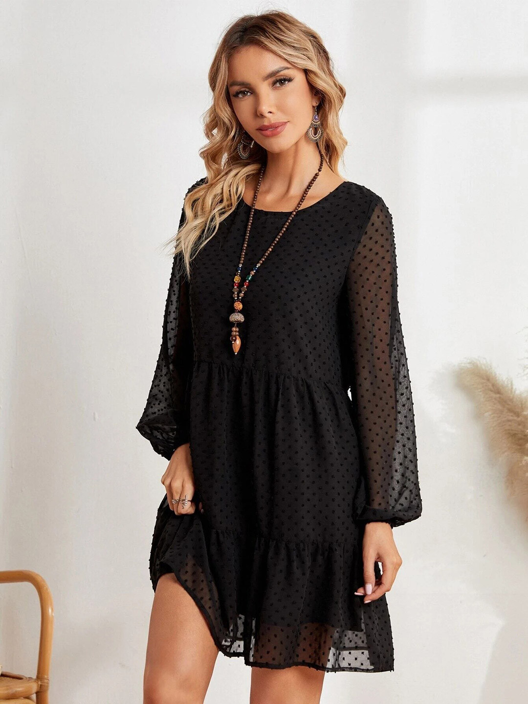 

FERY LONDON Self Designed Bishop Sleeves Georgette A-Line Dress, Black