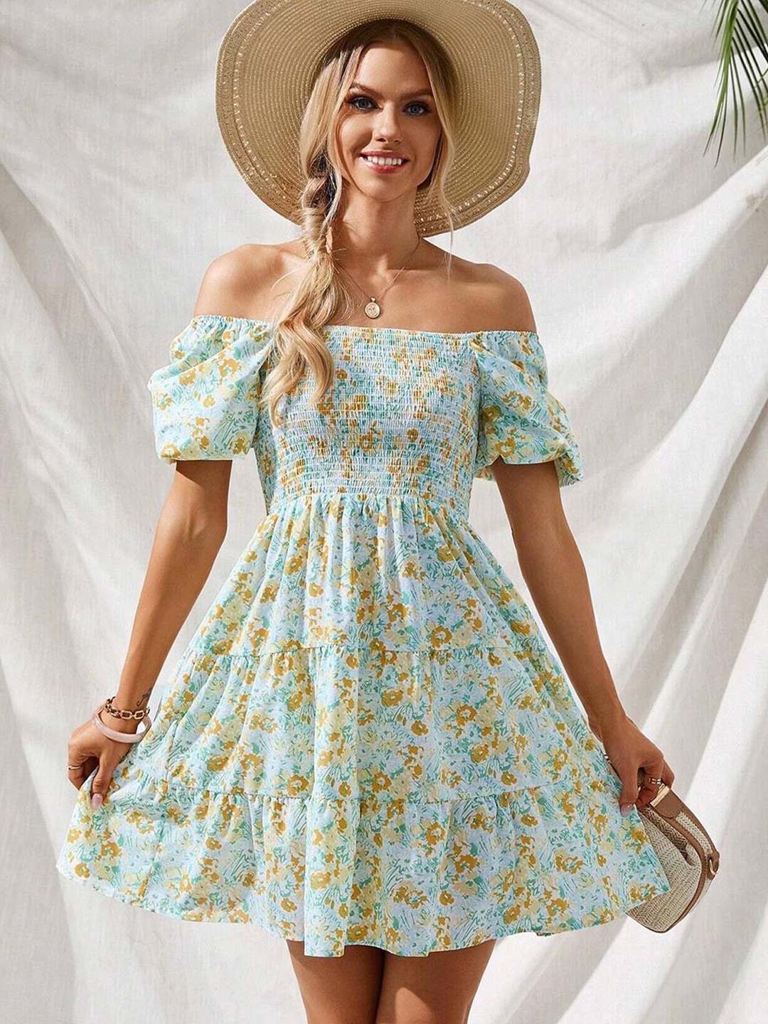 

FERY LONDON Floral Printed Off-Shoulder Fit & Flare Dress, Sea green