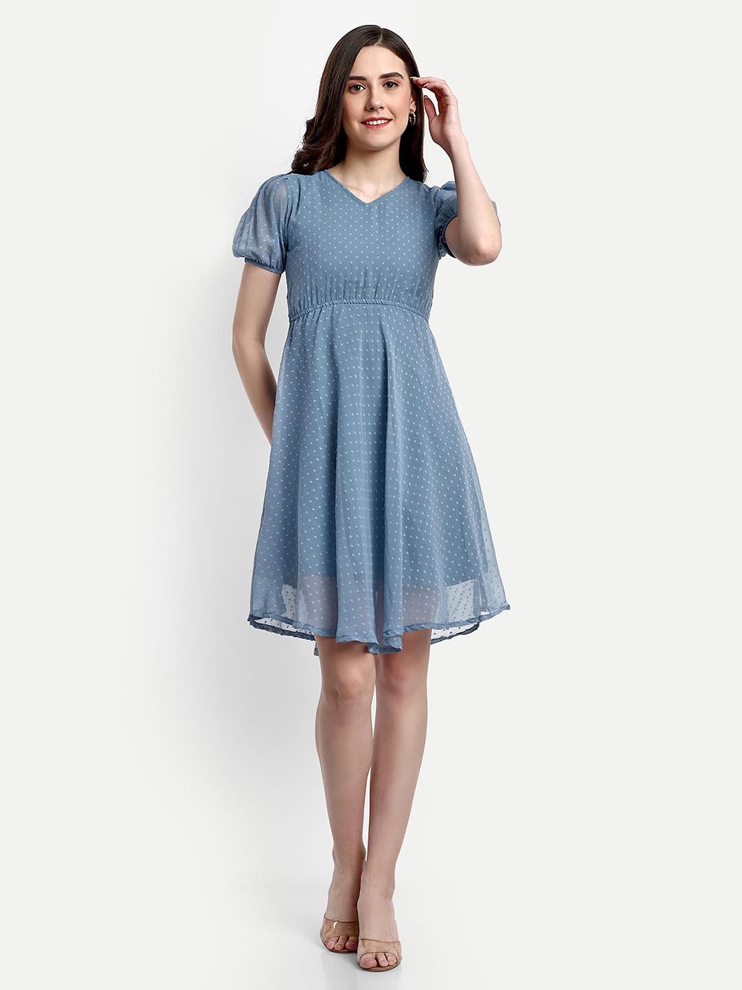 

FERY LONDON Self Designed Puff Sleeves Georgette Fit & Flare Dress, Blue