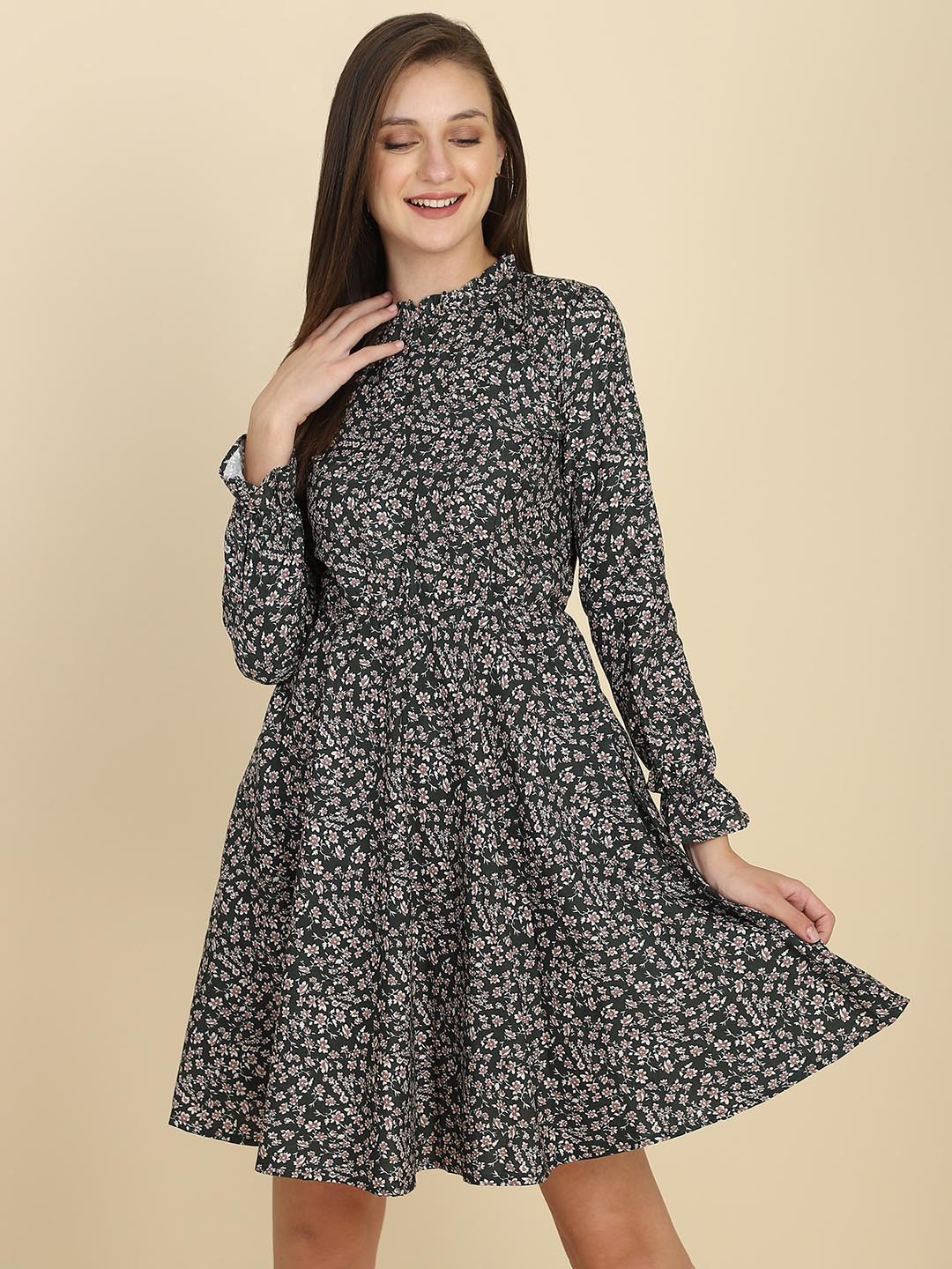 

FERY LONDON Floral Printed High Neck Fit & Flare Dress, Black