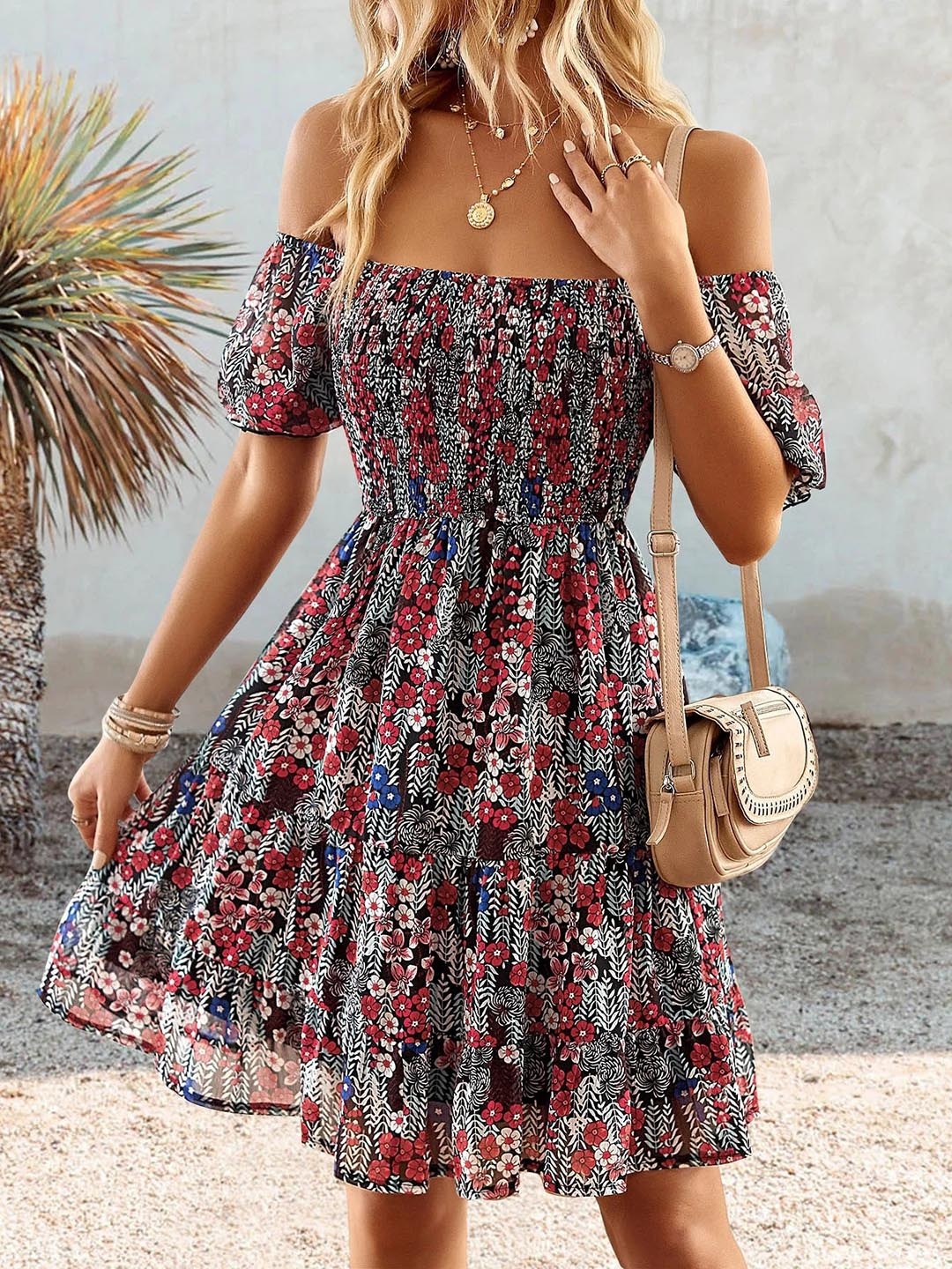 

FERY LONDON Floral Printed Off-Shoulder Tiered Georgette Fit & Flare Midi Dress, Black