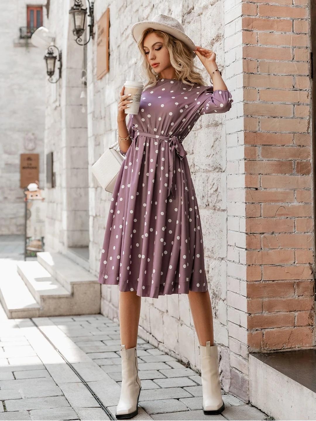 

FERY LONDON Polka Dots Printed Fit & Flare Dress, Purple