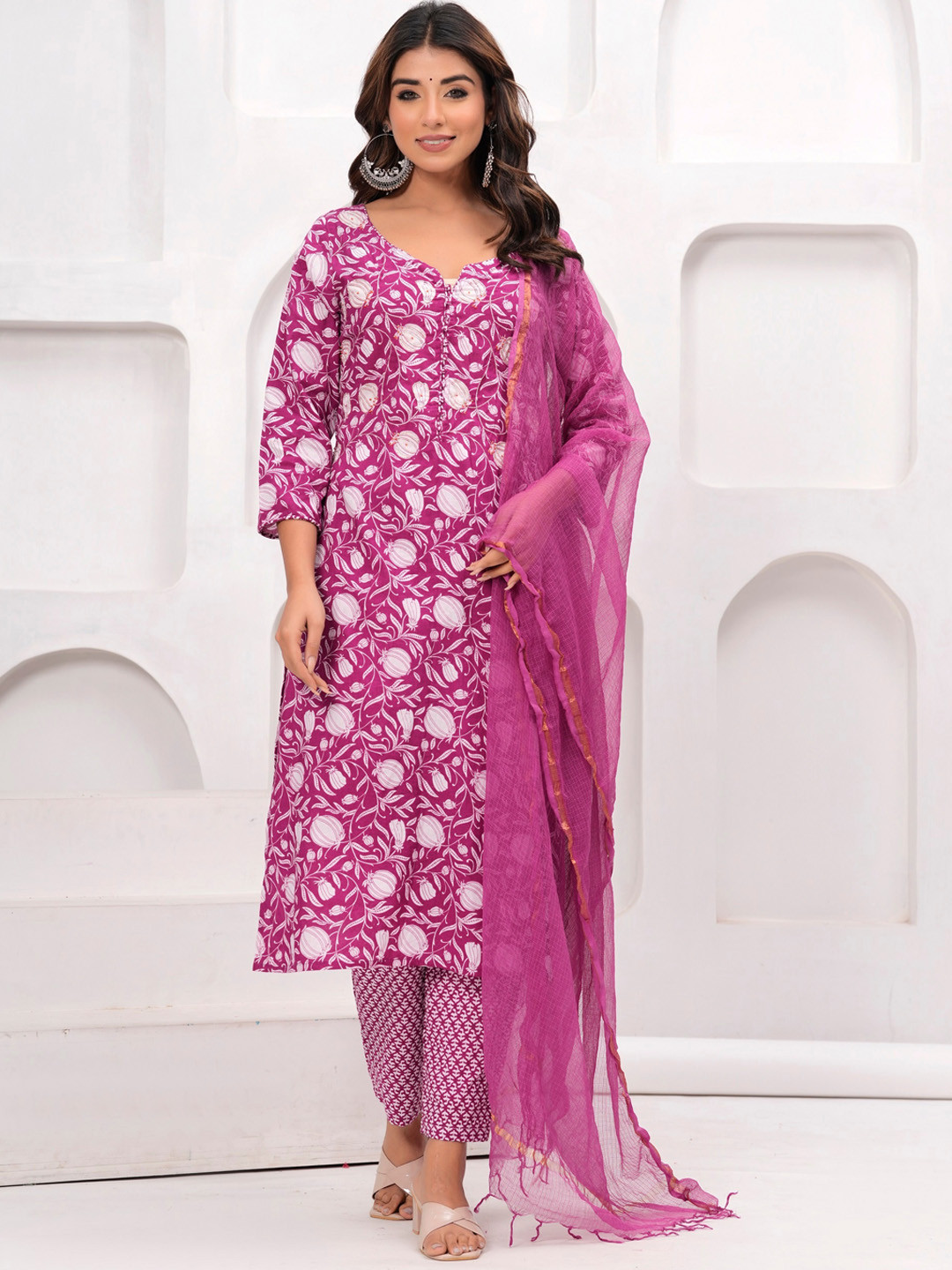 

NAMDEV Floral Printed Straight Pure Cotton Kurta with Palazzos & Dupatta, Purple