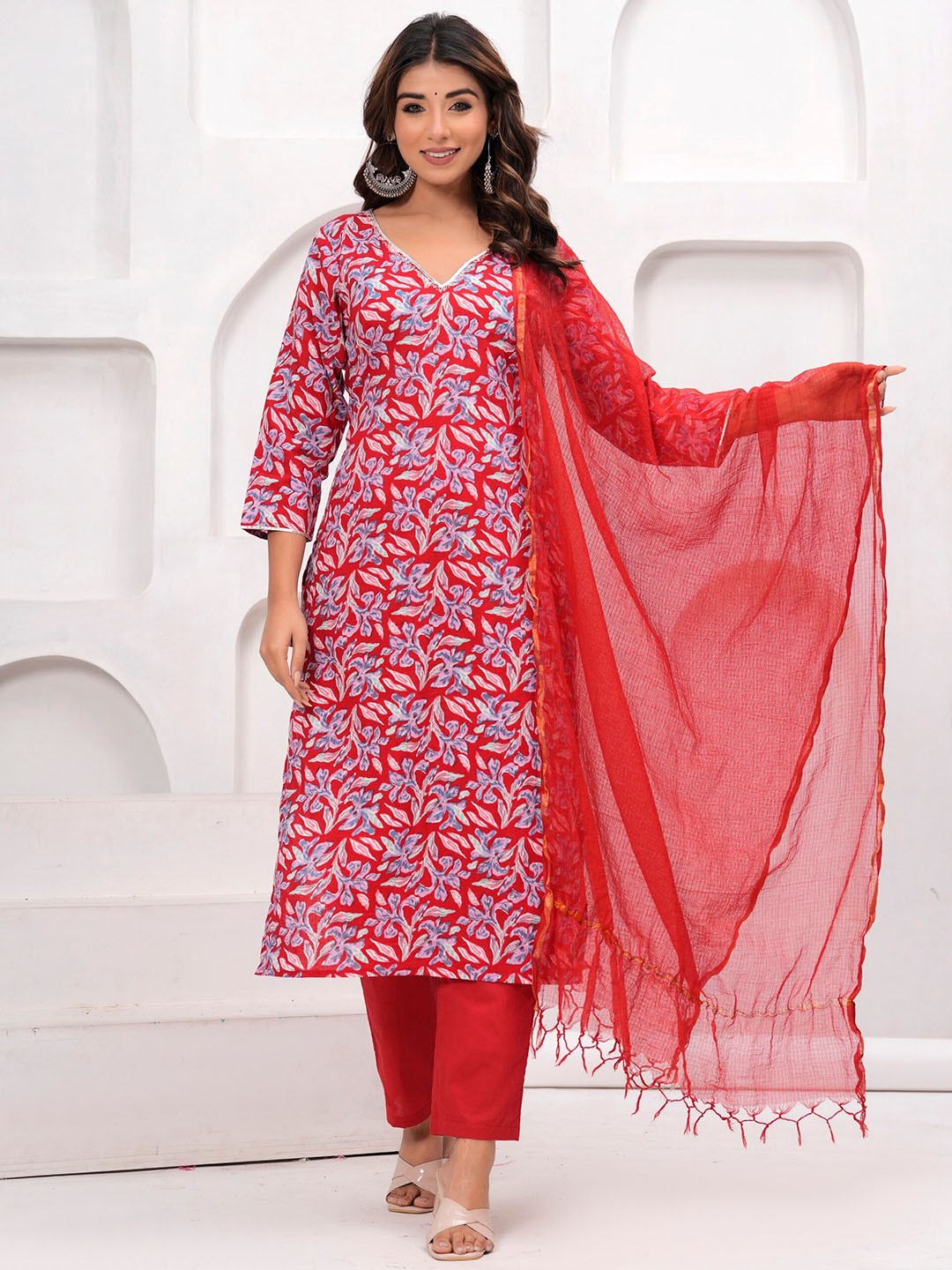 

NAMDEV Floral Printed Straight Pure Cotton Kurta with Trousers & Dupatta, Red