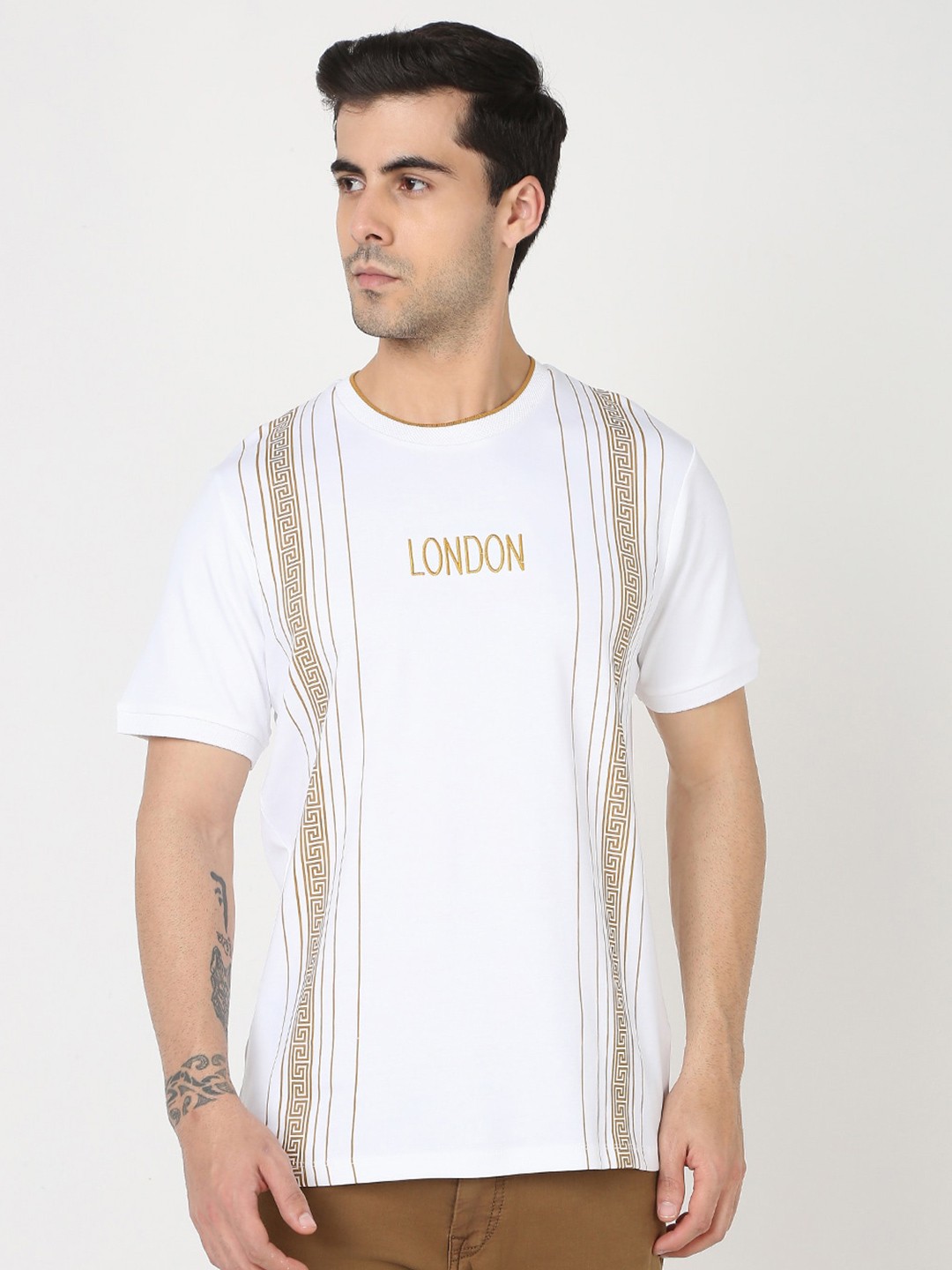 

R&B Typography Printed Round Neck Short Sleeves Cotton T-shirt, White