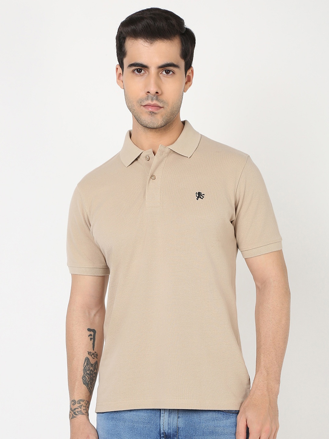 

R&B Polo Collar Short Sleeves Cotton T-shirt, Beige