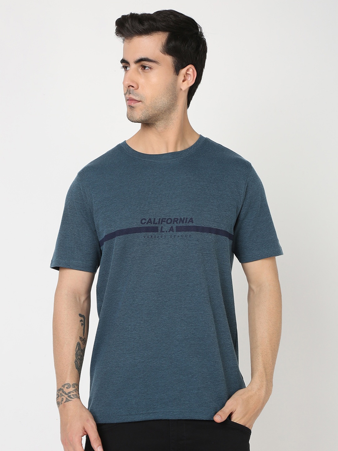 

R&B Round Neck Short Sleeves Cotton T-shirt, Blue