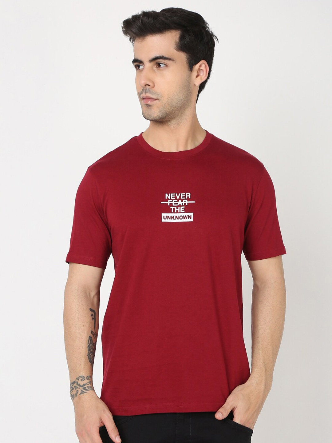 

R&B Typography Printed Round Neck Cotton Regular T-shirt, Red